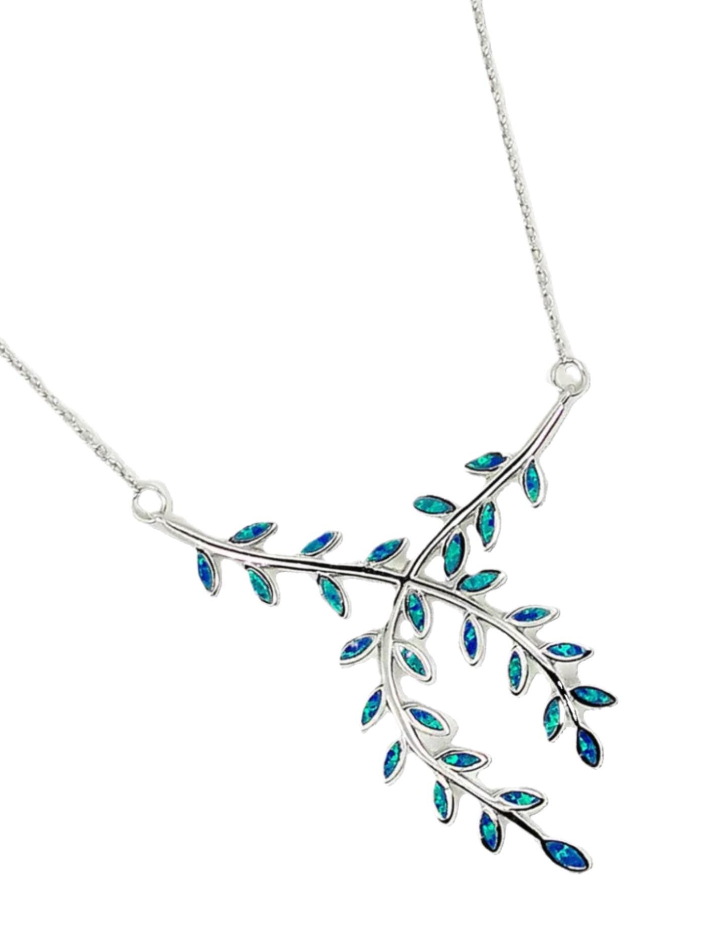 Blue Opal Olive Branch Necklace: Sterling Silver Nature Jewelry