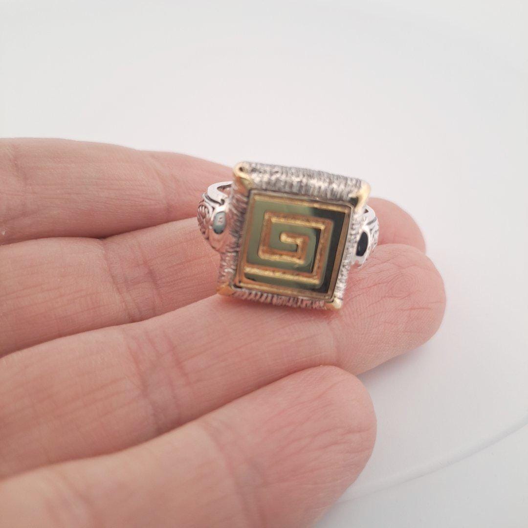 Byzantine Statement Ring – Two Tone Gold Silver Ornate Square Band