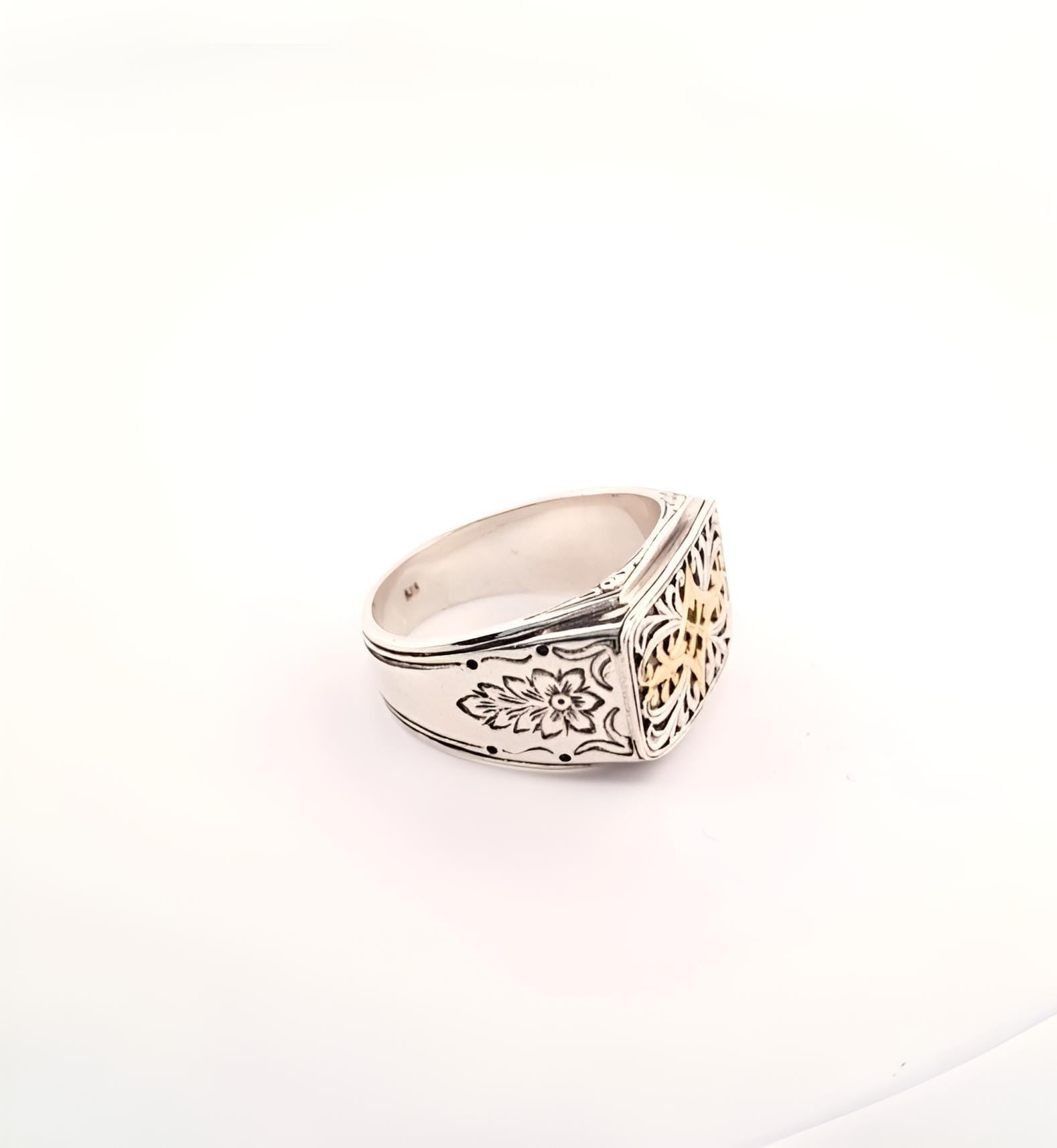 Byzantine Silver Ring – Gold Plated Band With Ornate Cross And Scrollwork Design