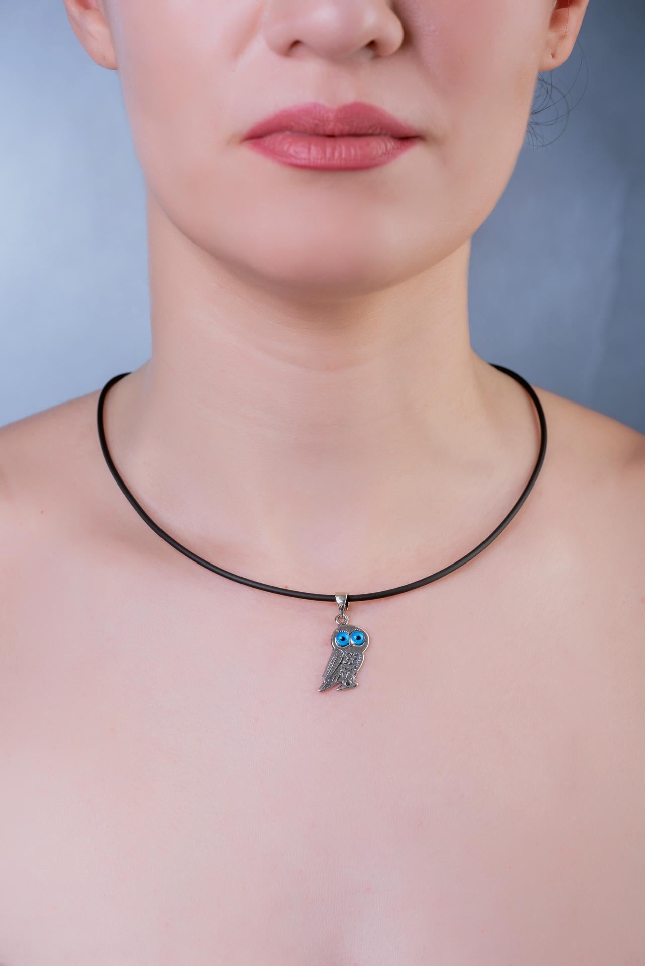 Sterling Silver Greek Owl Pendant: Athena Symbol, Evil Eye