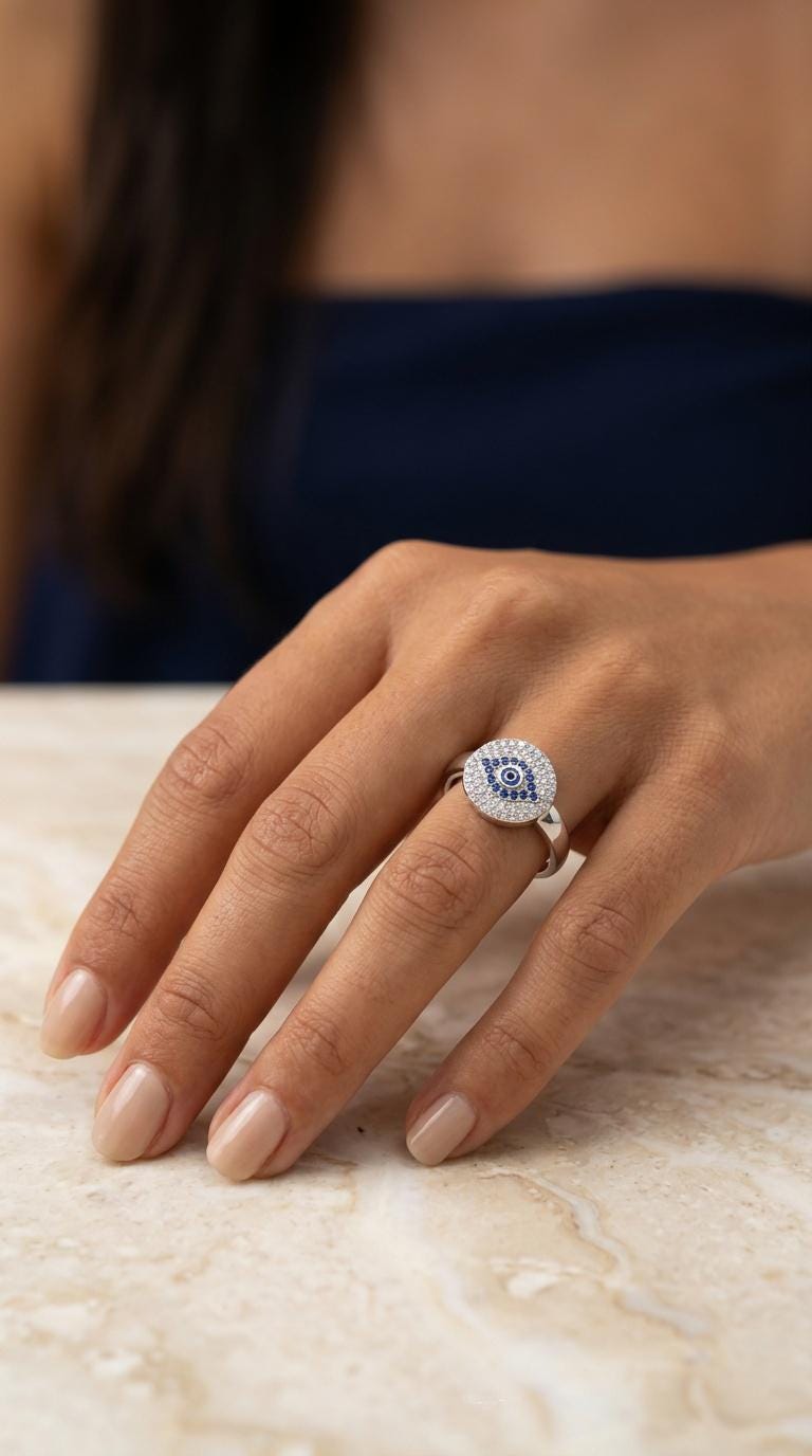 Evil Eye Ring Silver 925 – Blue Zircon Halo Protection Charm Jewelry
