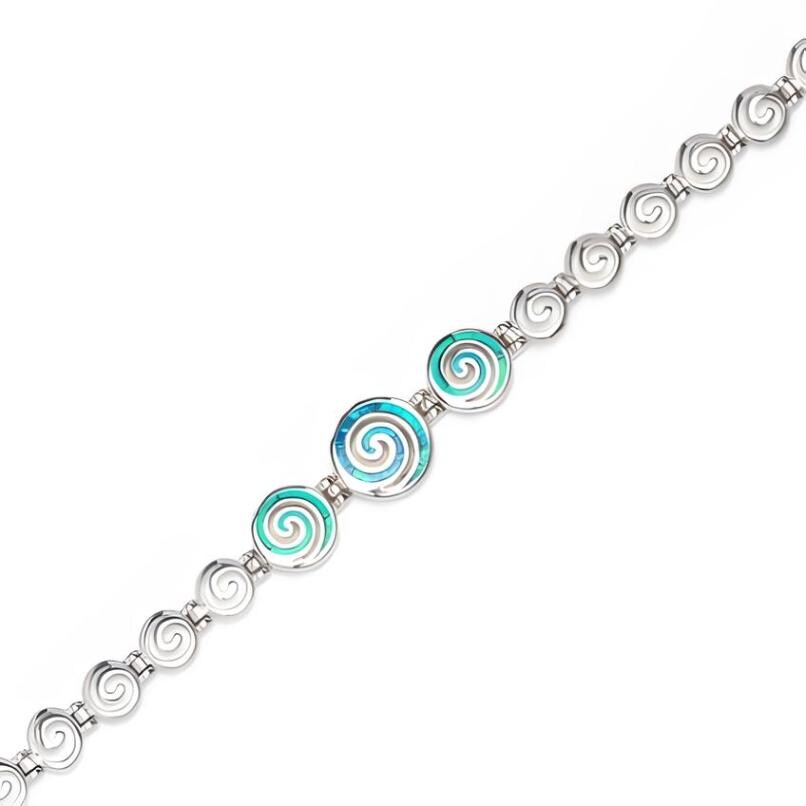Blue Opal Spiral Greek Key Bracelet, Sterling Silver 925, Meander Design Bracelet