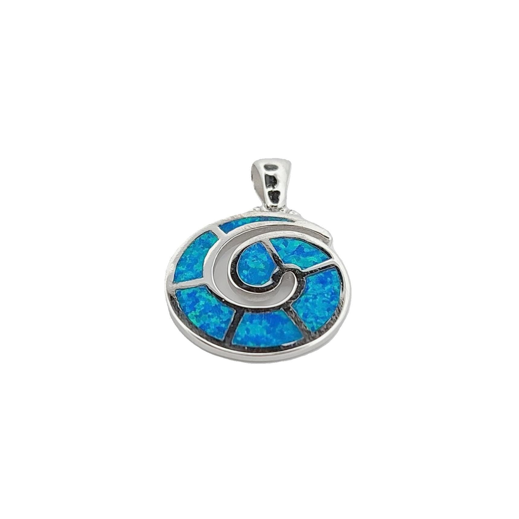Sterling Silver Greek Key Pendant: Blue Opal Meander Necklace