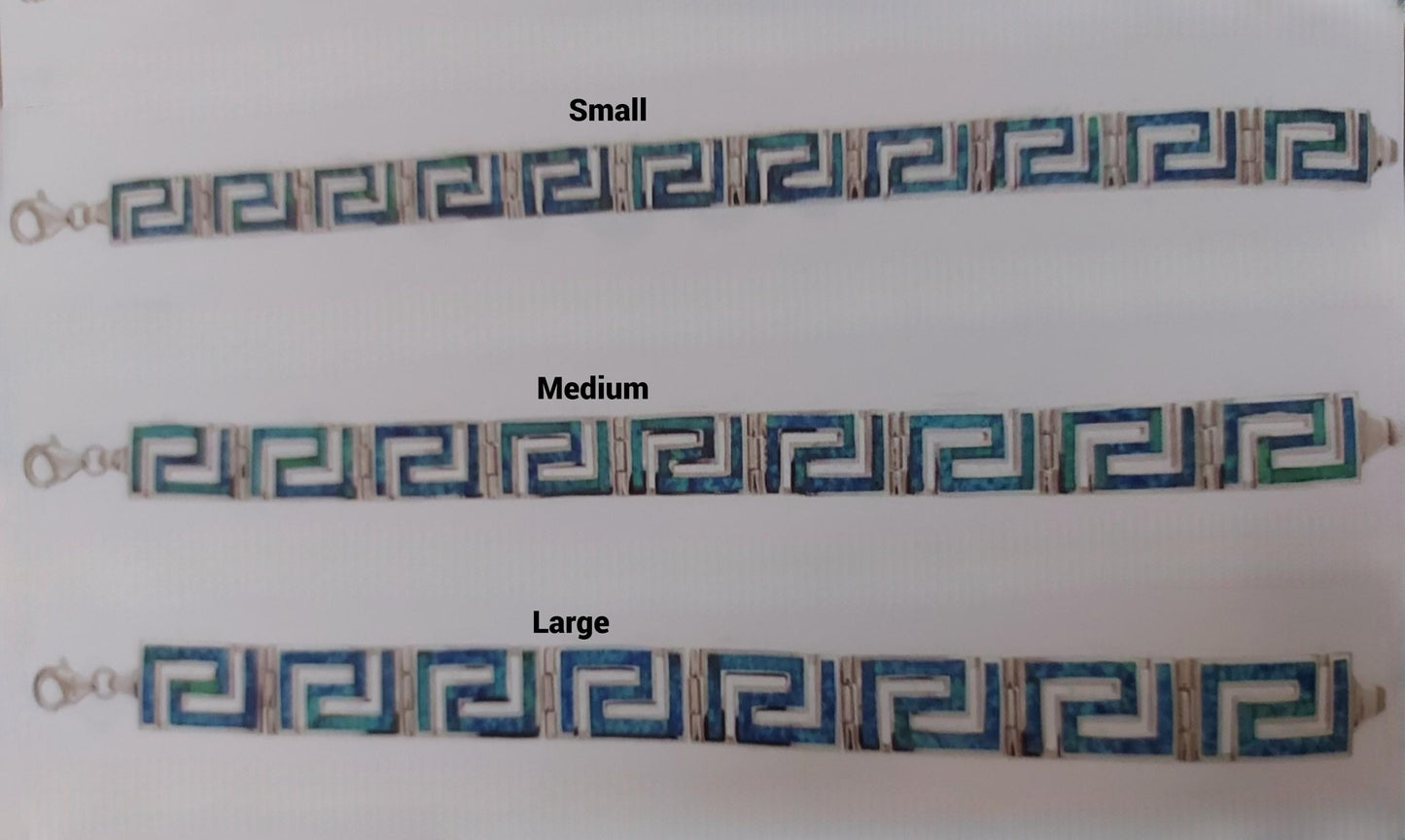 Blue Opal Greek Key Bracelet, Sterling Silver 925, Meander Design