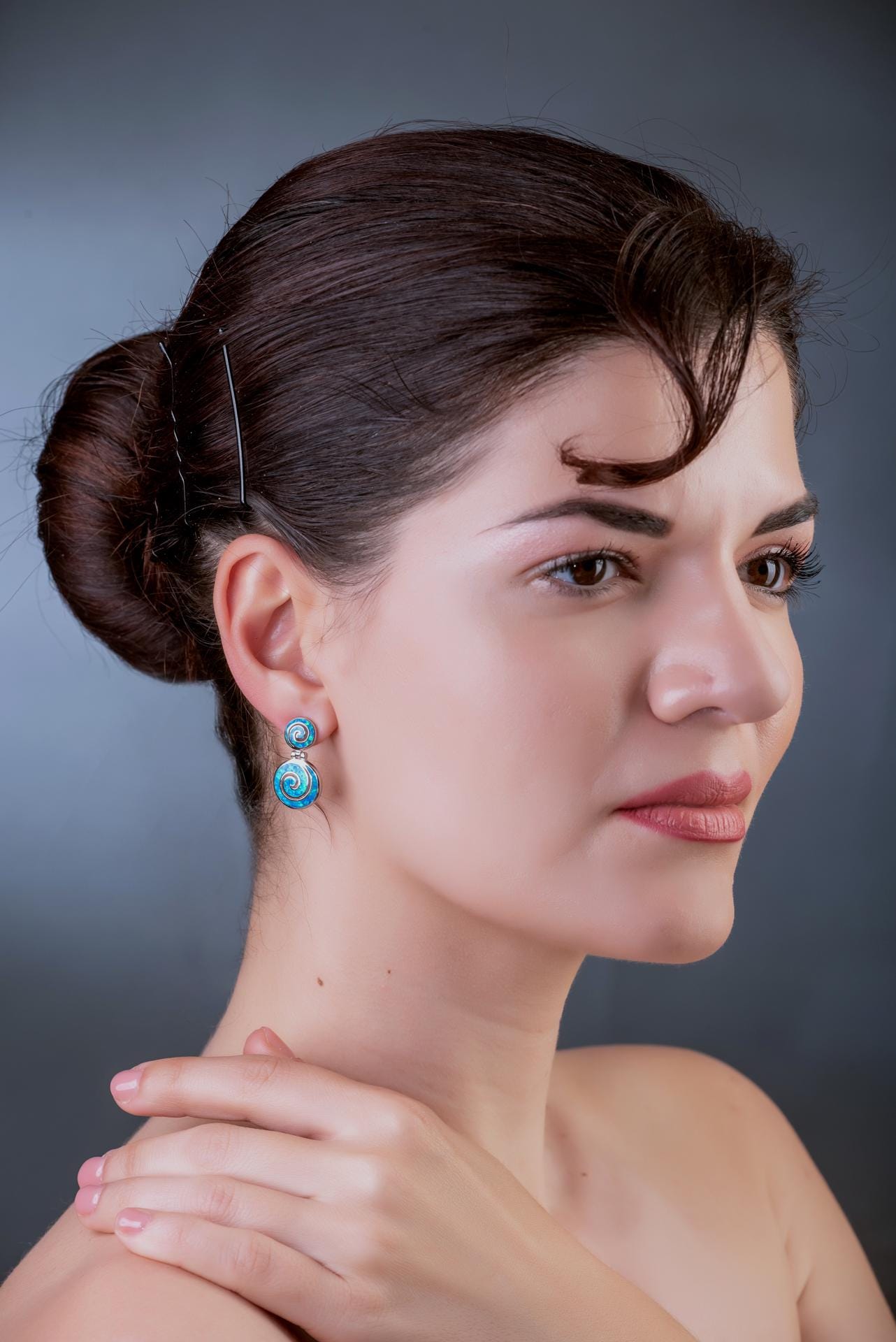 Sterling Silver Blue Opal Dangle Earrings: Greek Key Meander Design