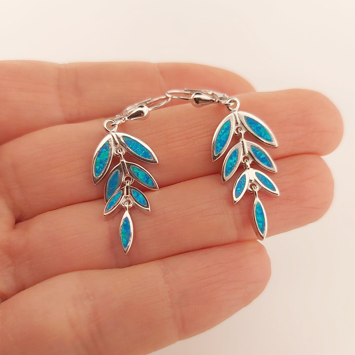 Silver Blue Opal Leaf Dangle Earrings, Greek Inspired Olive Branch Design