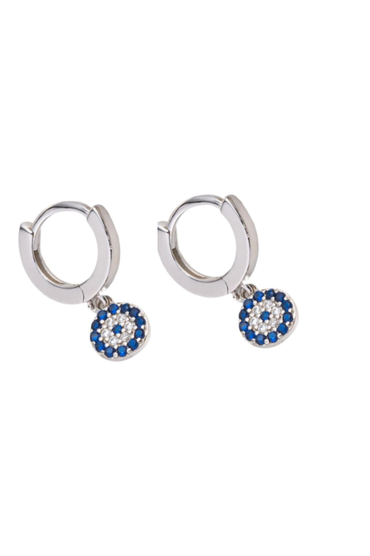 Evil Eye Hoop Earrings Sterling Silver With Blue White Zirconia Charm Hoops