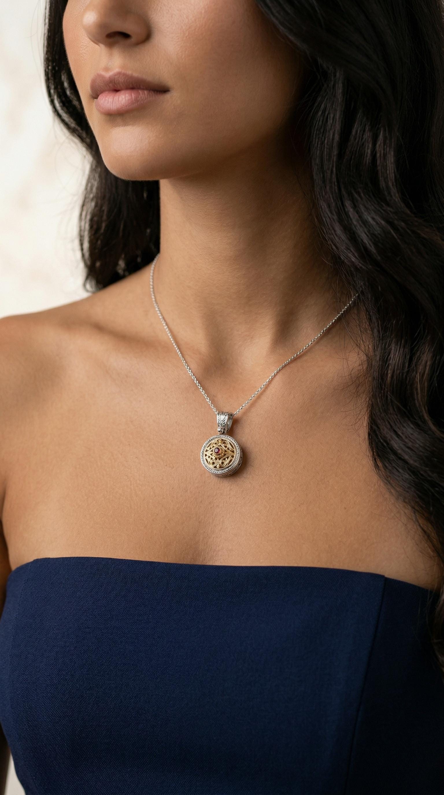 Two Tone Ruby Pendant – Byzantine Style Jewelry, Sterling Silver & Gold Plated Charm