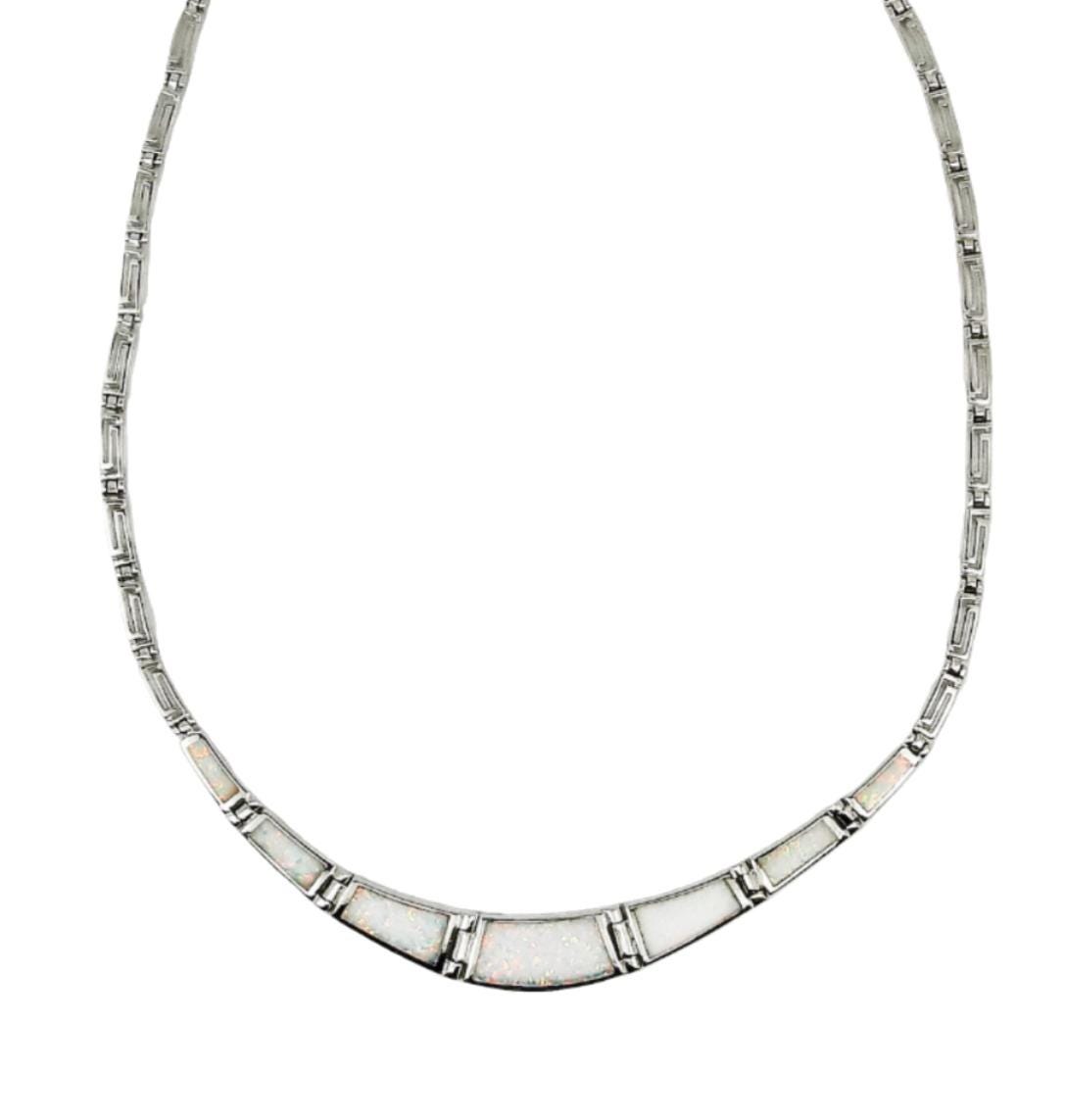White Opal Greek Key Necklace, Sterling Silver Meander Design