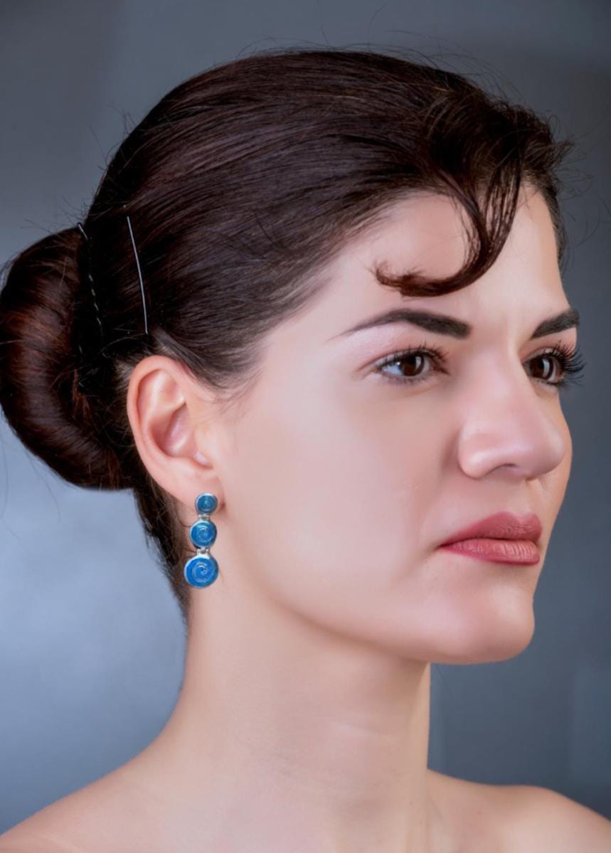 Blue Opal Sterling Silver Spiral Earrings: Greek Key Dangle