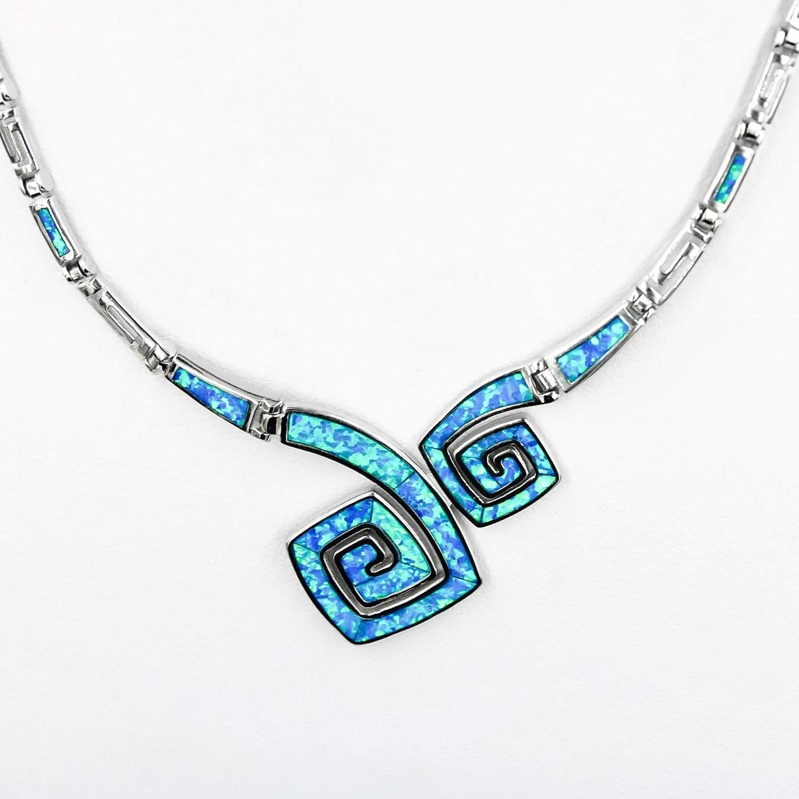 Blue Opal Greek Key Necklace, Sterling Silver Meander Design, Spiral Pattern
