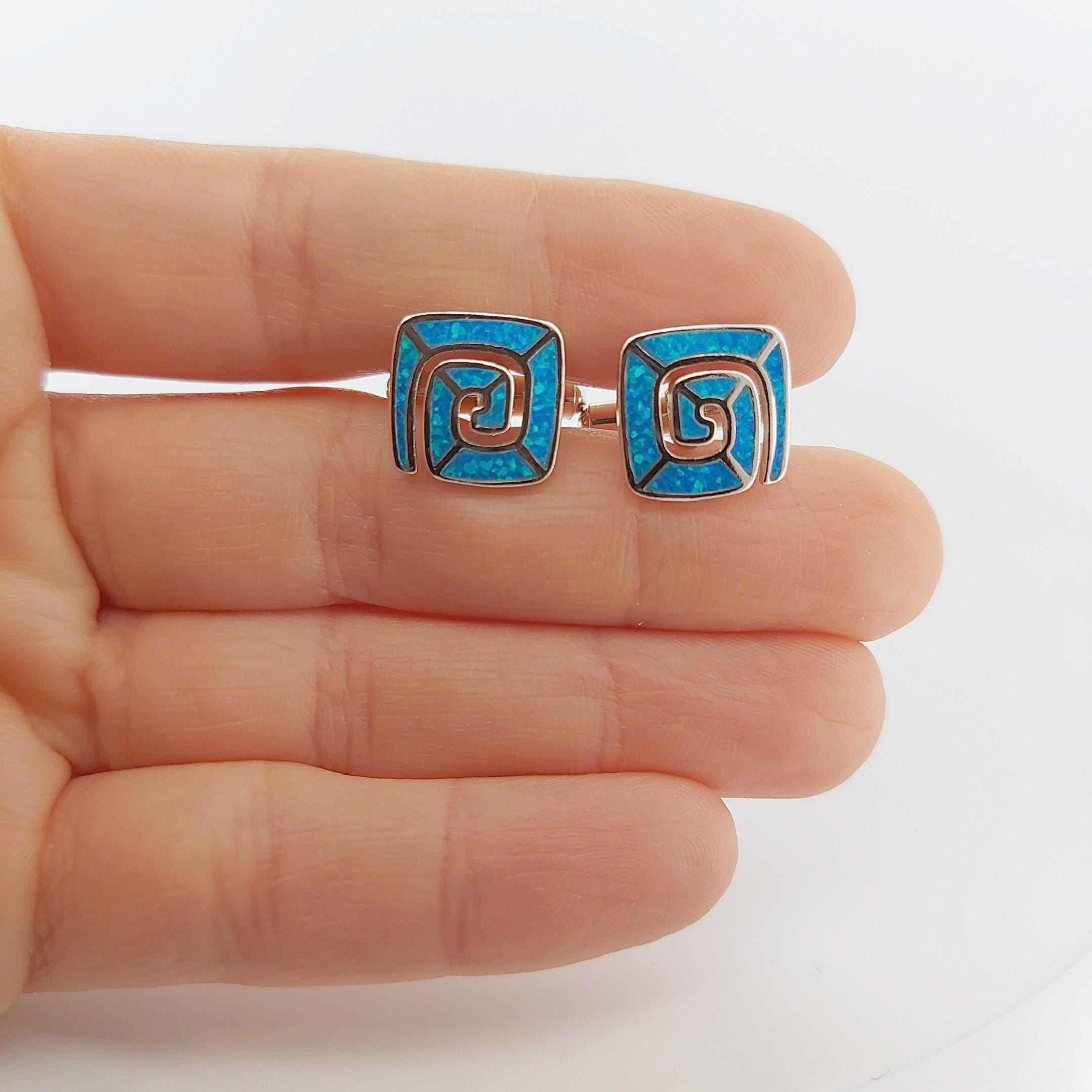 Blue Opal Greek Key Cufflinks, Sterling Silver, Meander Square Design, 925 Silver