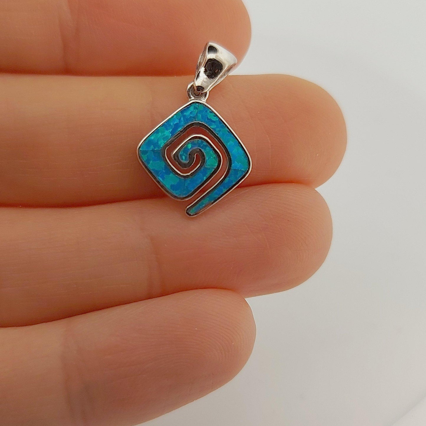 Blue Opal Greek Key Pendant: Sterling Silver Meander Necklace