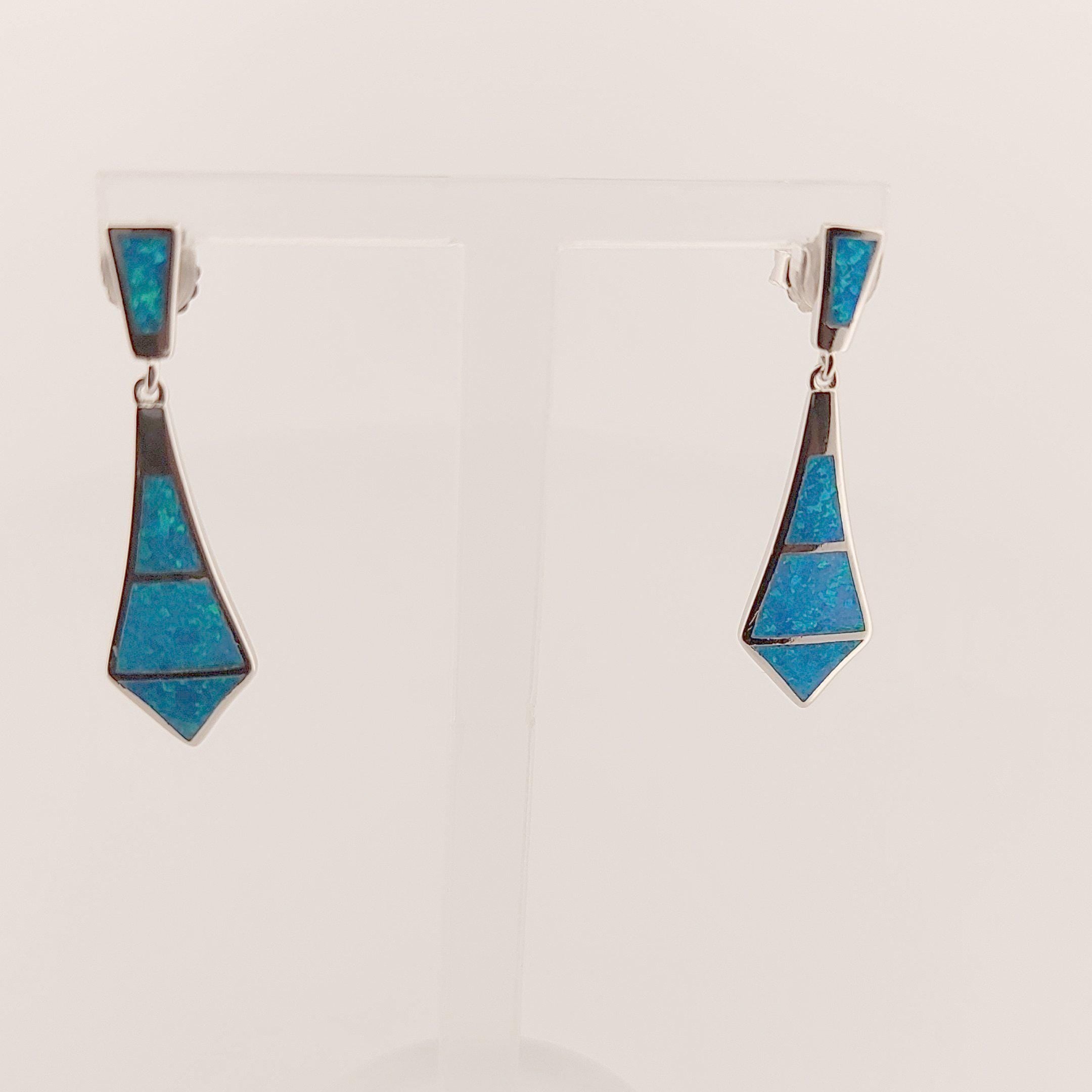Blue Opal Sterling Silver Dangle Earrings: Greek Geometric Design