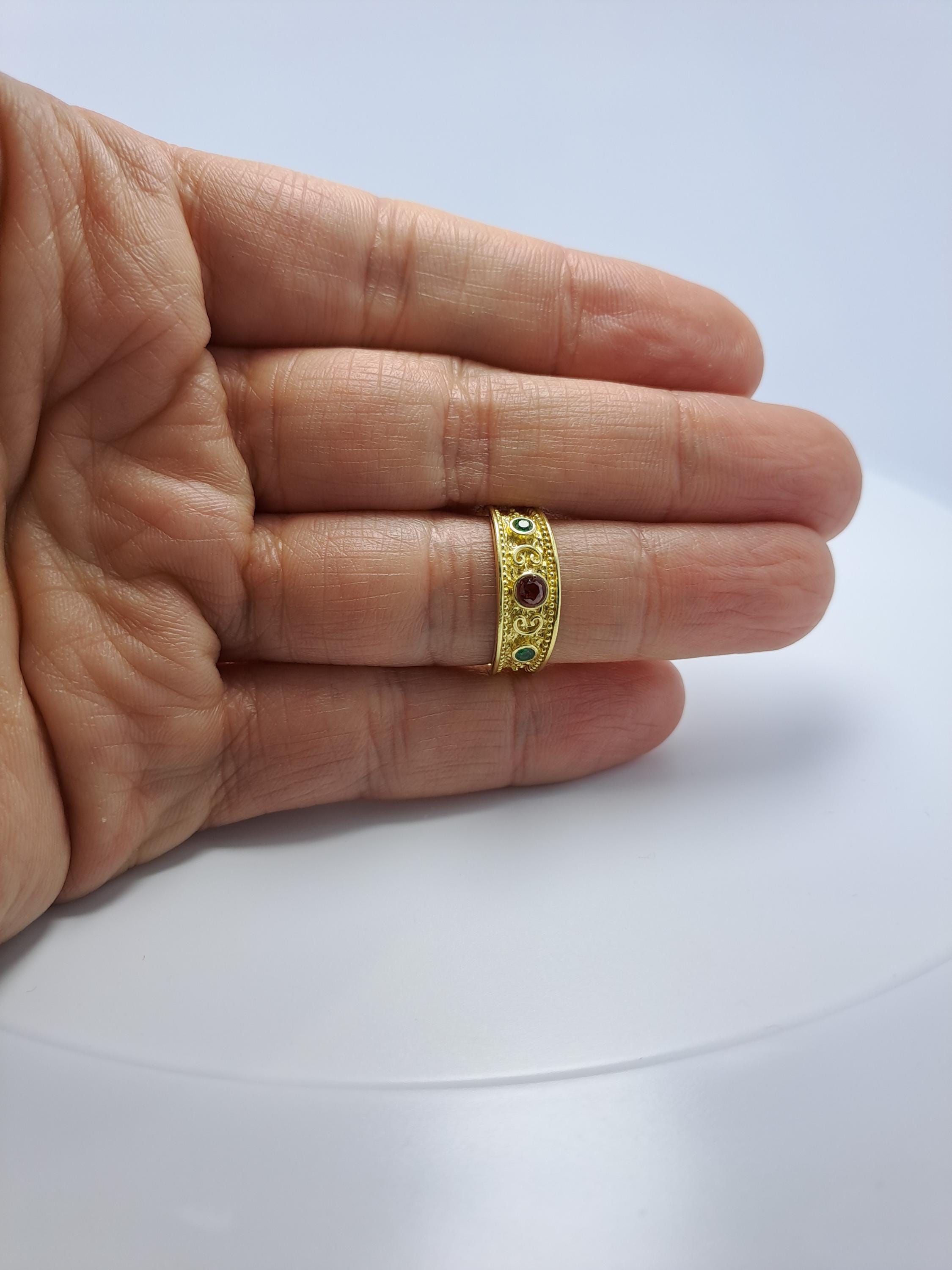 Byzantine Filigree Ring – Gold Statement Band with Red & Green Zircon Jewelry