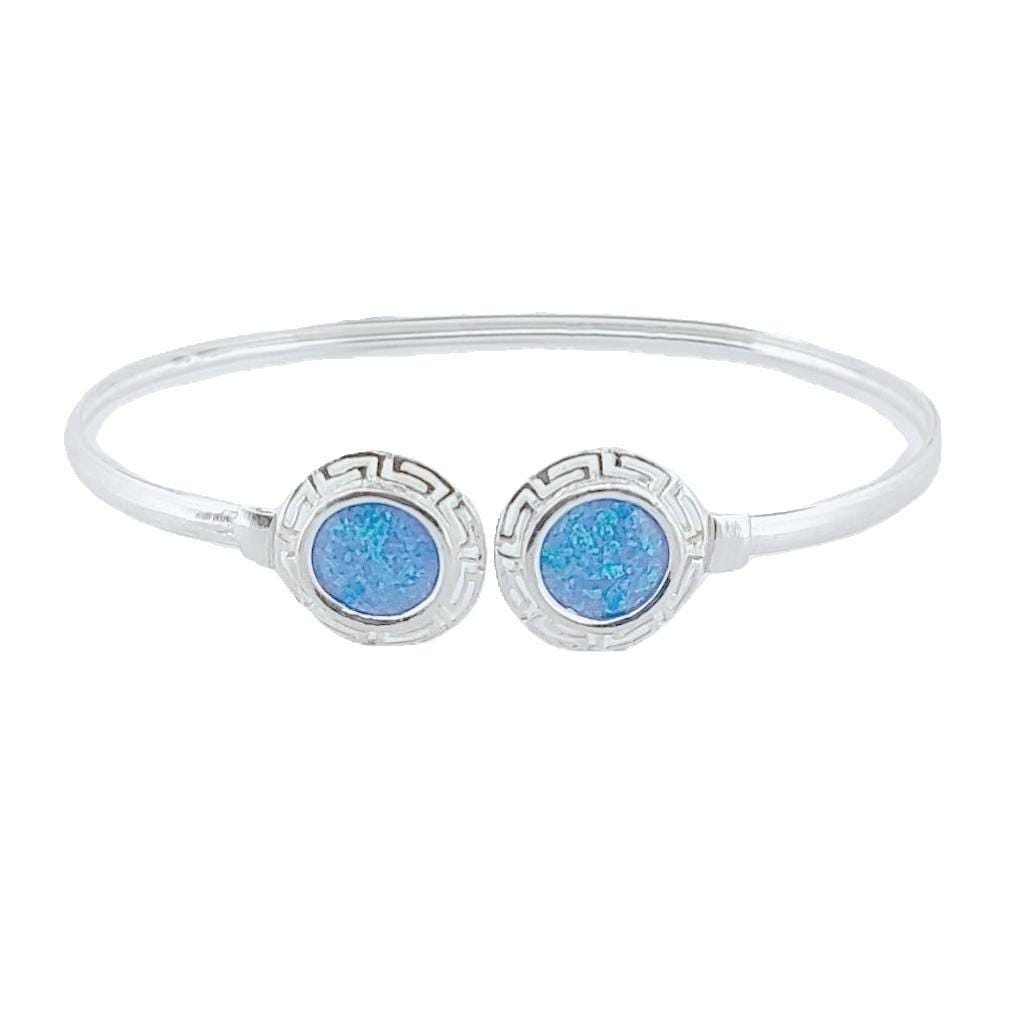 Blue Opal Silver Bangle Bracelet with Greek Key Design, Greek-Inspired Design