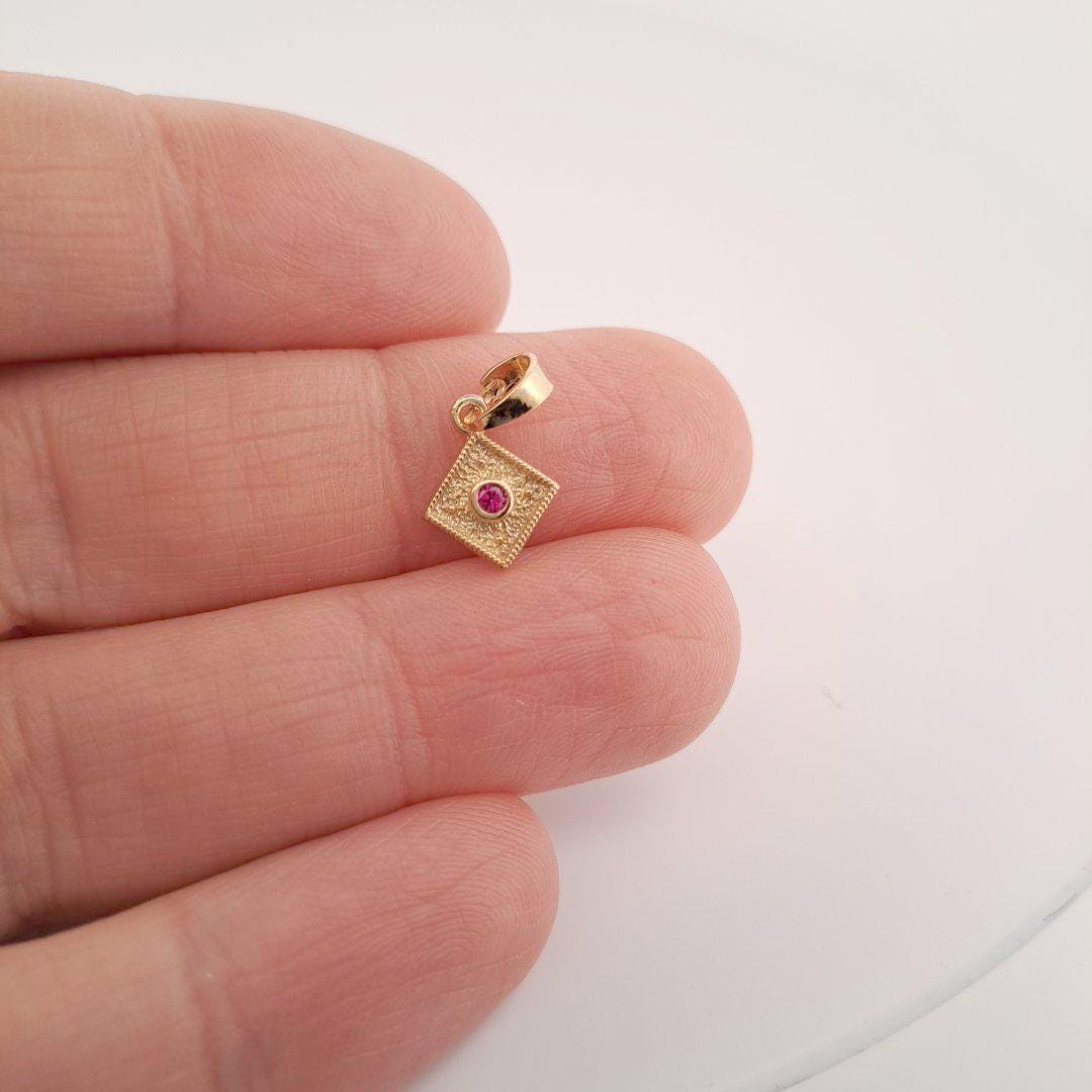 Gold Plated Pendant – Byzantine Diamond Shaped Pink Gemstone Charm with Fine Granulation