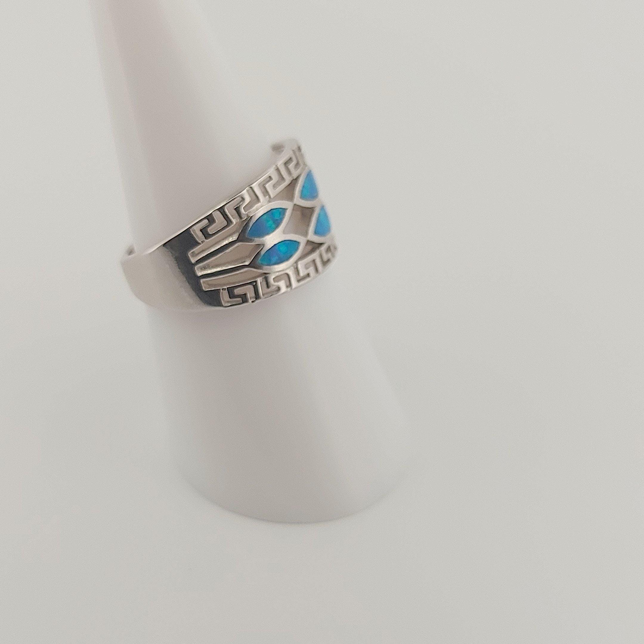 Blue Opal Ring Marquise Pattern, Sterling Silver Greek Key Meander Design
