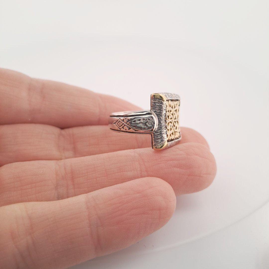 Byzantine Style Ring - Ornate Filigree Design Two Tone Square Face Band