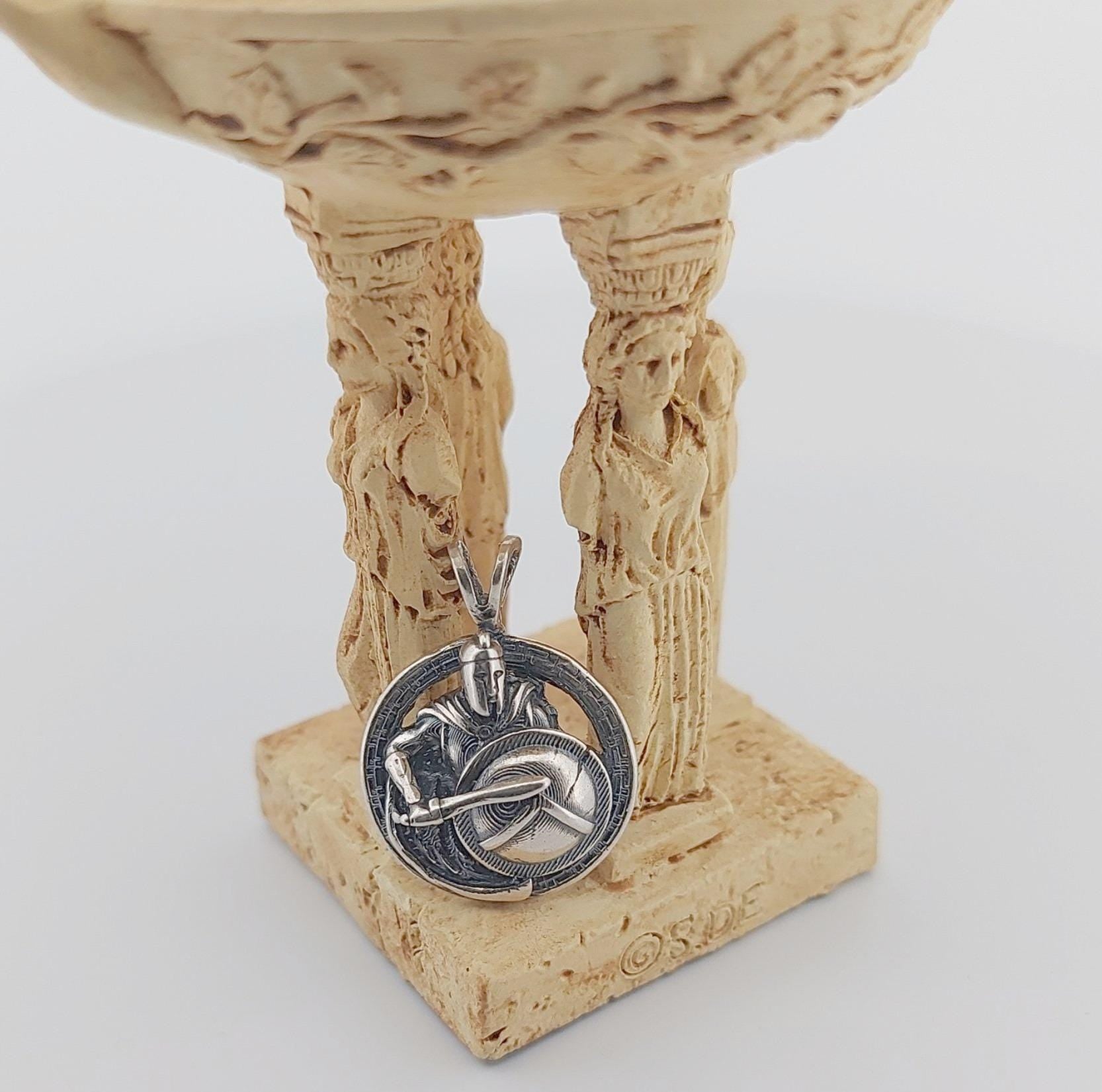 Ancient Greek Spartan Warrior Sterling Silver Pendant, Round Medallion Design