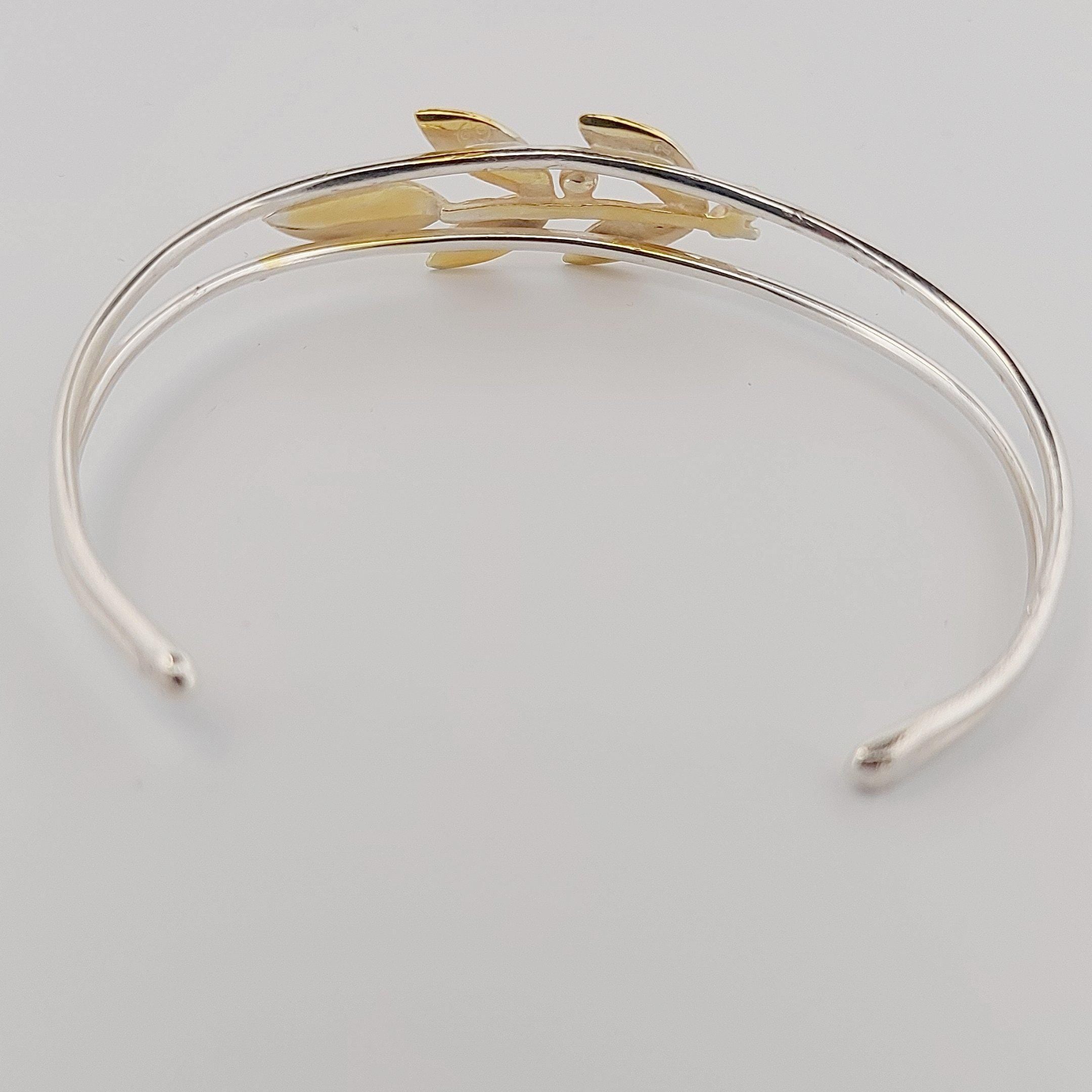 Olive Leaves Bracelet, Silver Dual-Band Cuff with Gold Plated Greek Design, Elegant Leaf Motif