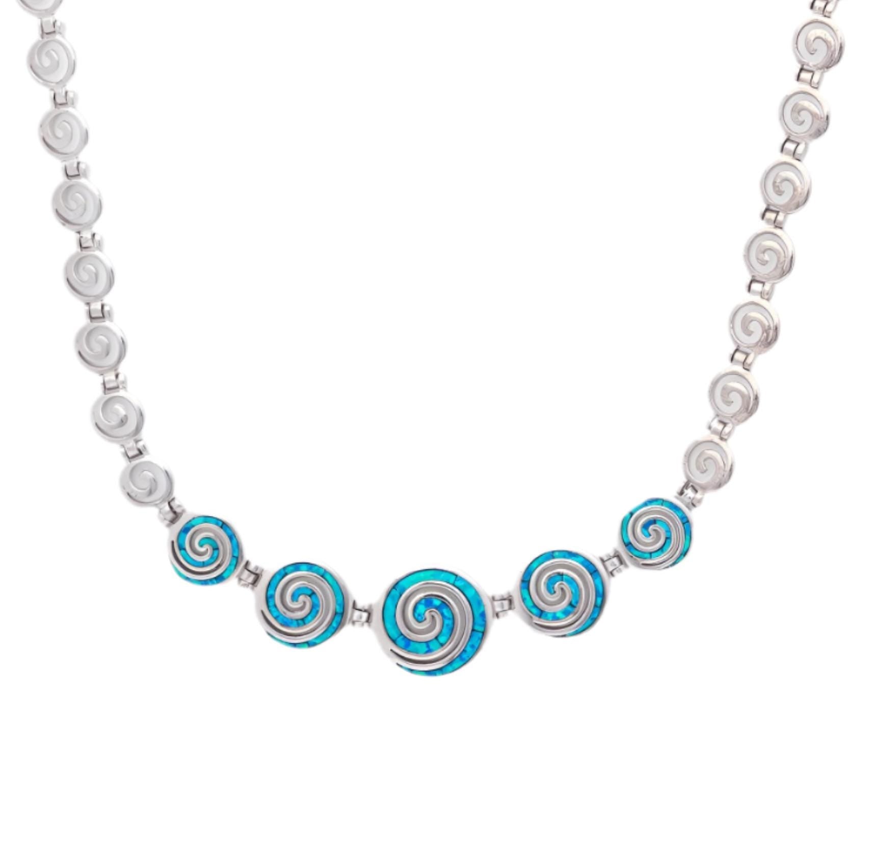 Spiral Blue Opal Necklace Silver, Greek Key Design, Meander Greek Longevity Motif