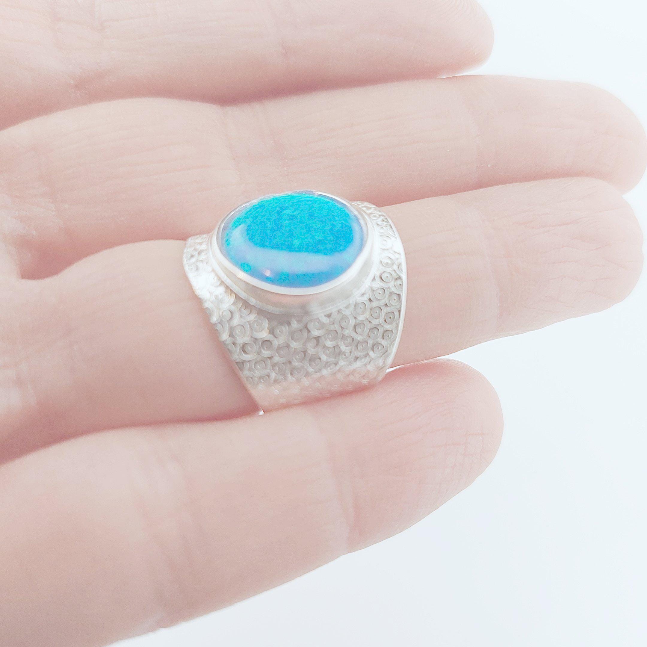 Handcrafted Silver Statement Ring with Blue Opal Stone, Greek-Inspired Textured Design