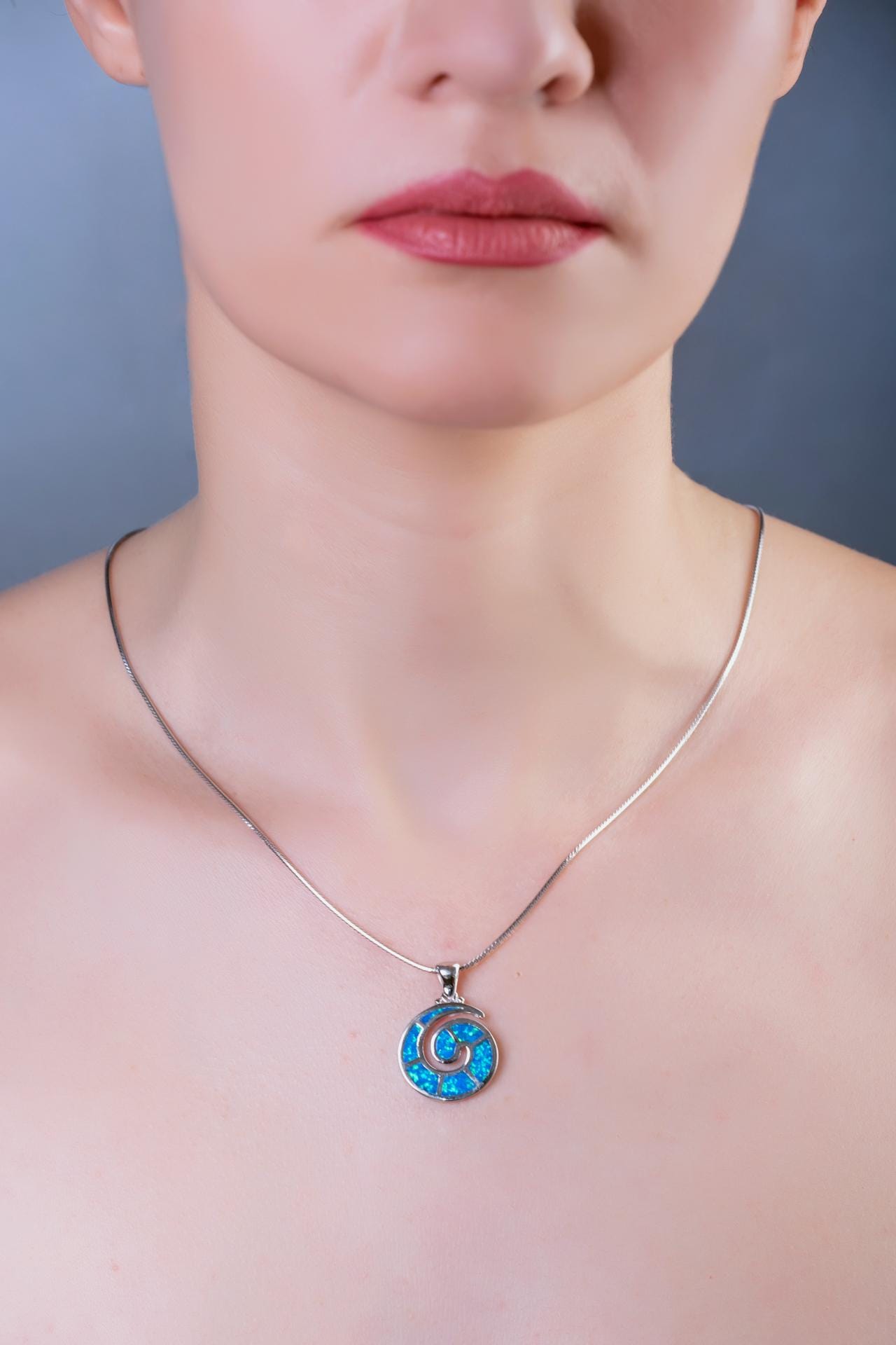 Sterling Silver Greek Key Pendant: Blue Opal Meander Necklace