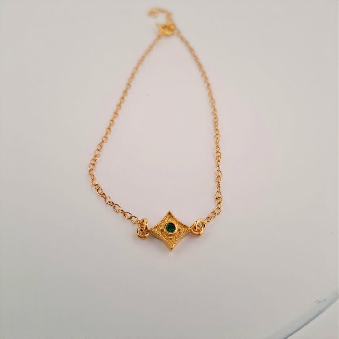 Byzantine Bracelet - Gold Plated Chain Sterling Silver Jewelry With Emerald Charm