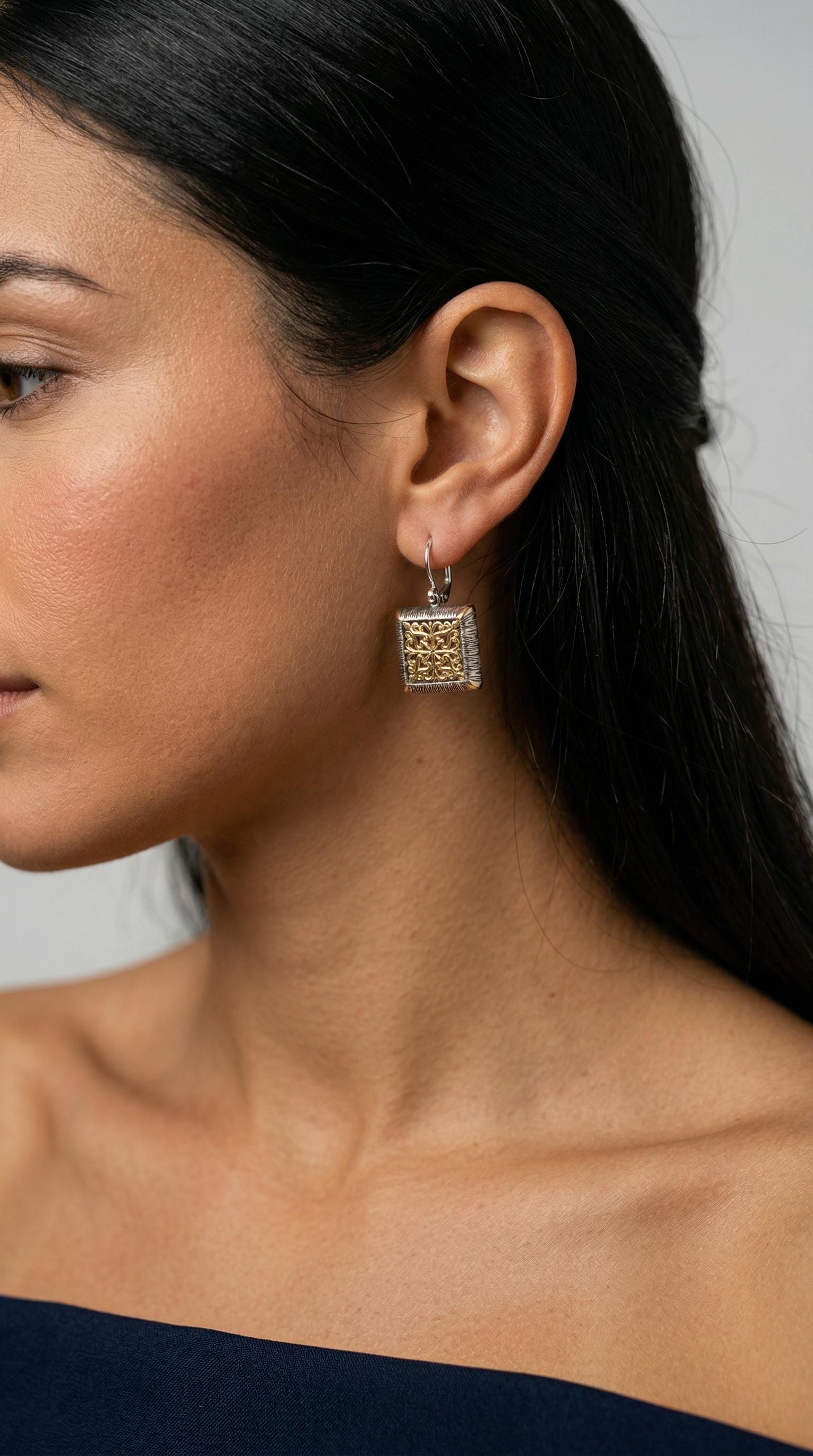Byzantine Filigree Earrings – Two Tone Square Dangle Drops With Classic Hooks