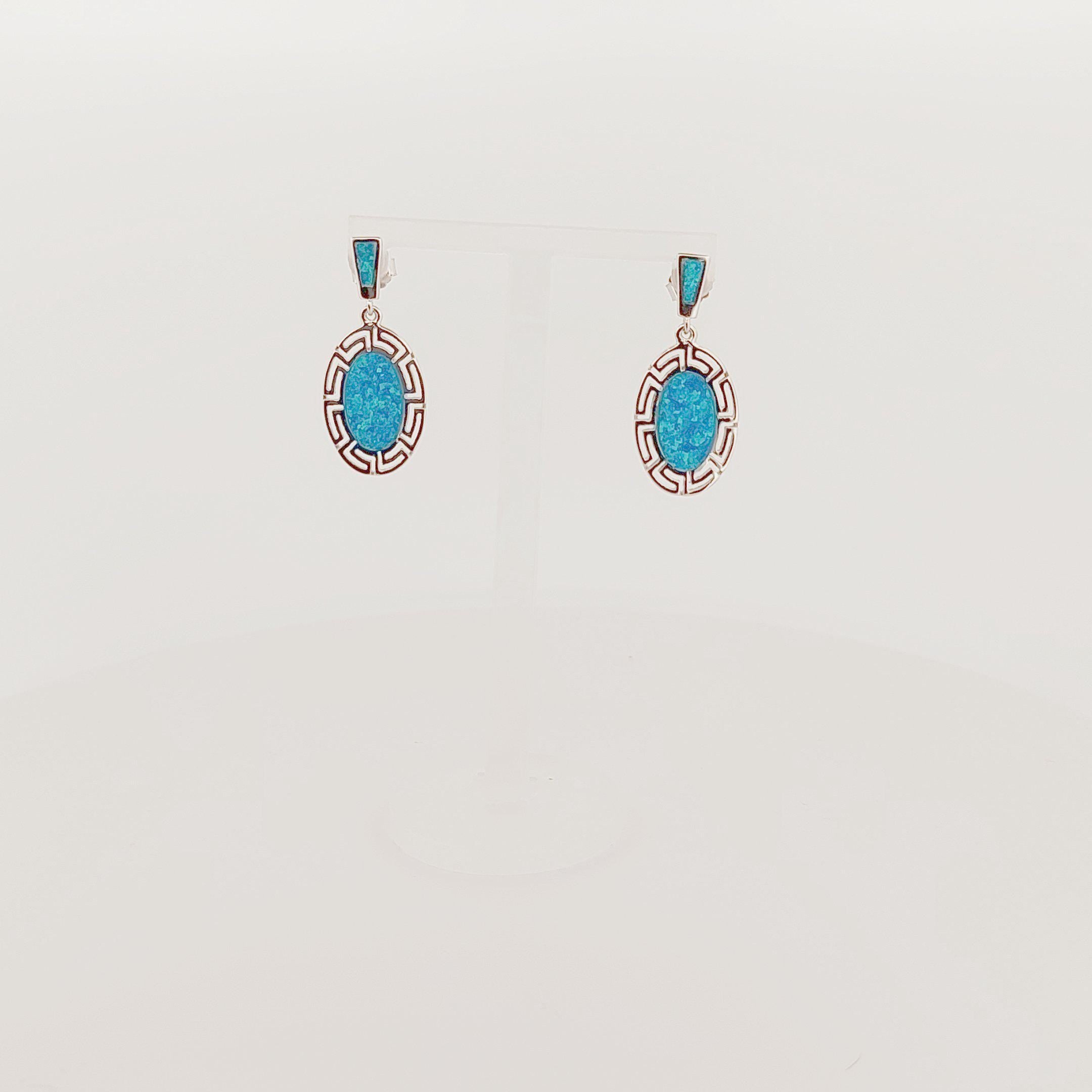 Greek Key Blue Opal Sterling Silver Dangle Earrings: Handmade in Greece