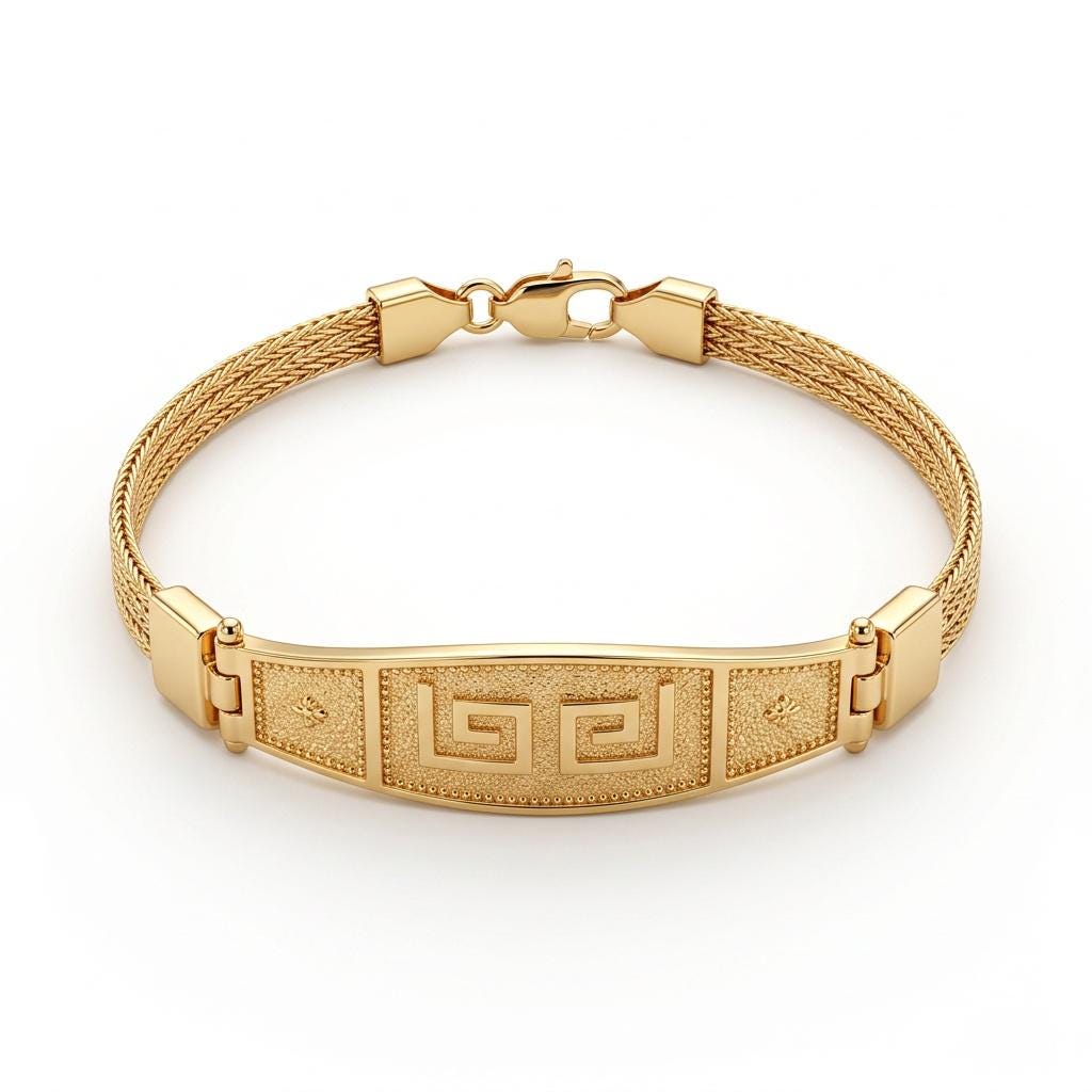 Gold Plated Bracelet – Sterling Silver Byzantine Woven Chain With Greek Key Motif