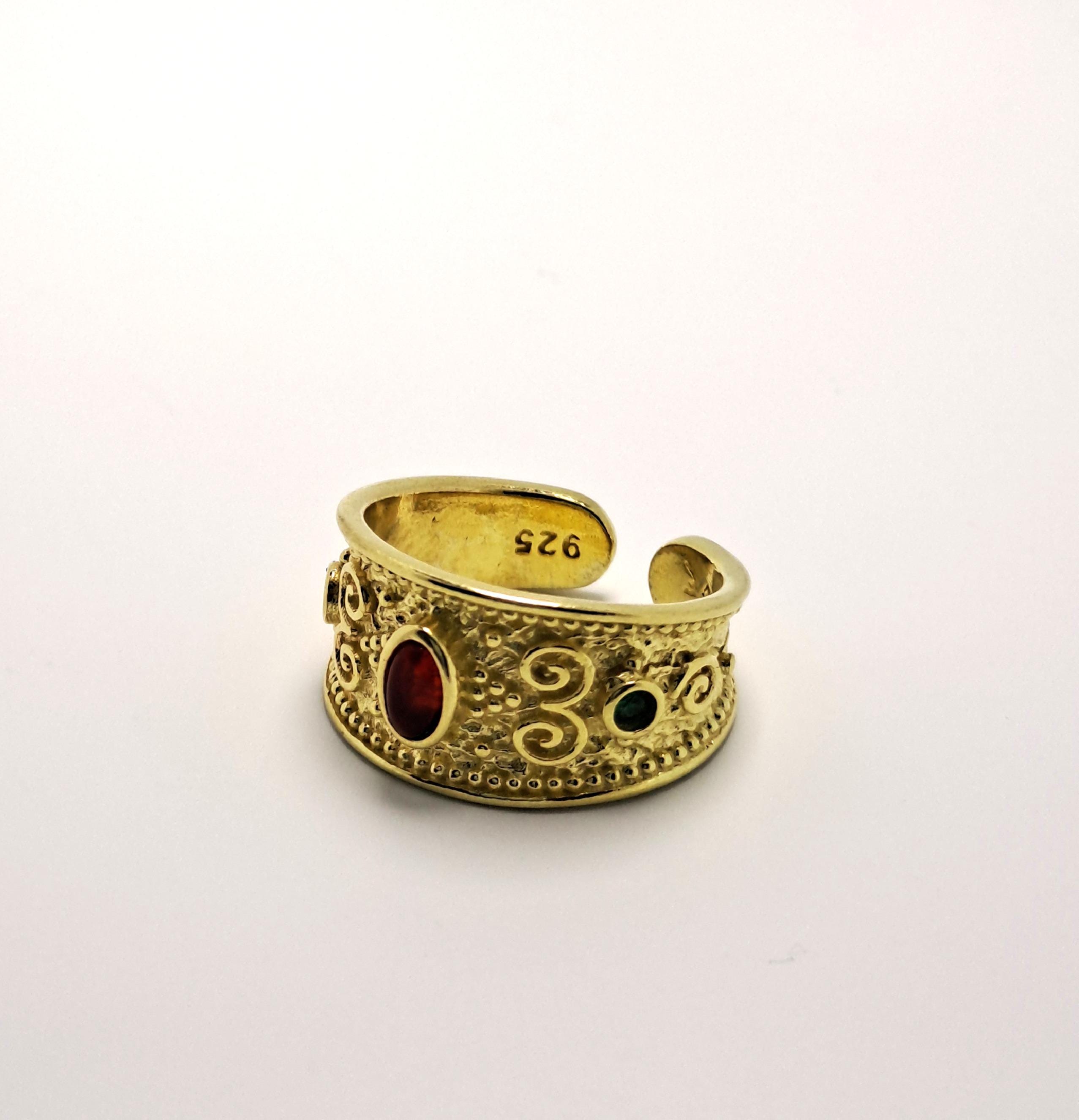 Byzantine Gold Ring – Adjustable Filigree Band With Red Zircon Stone & Green Accents