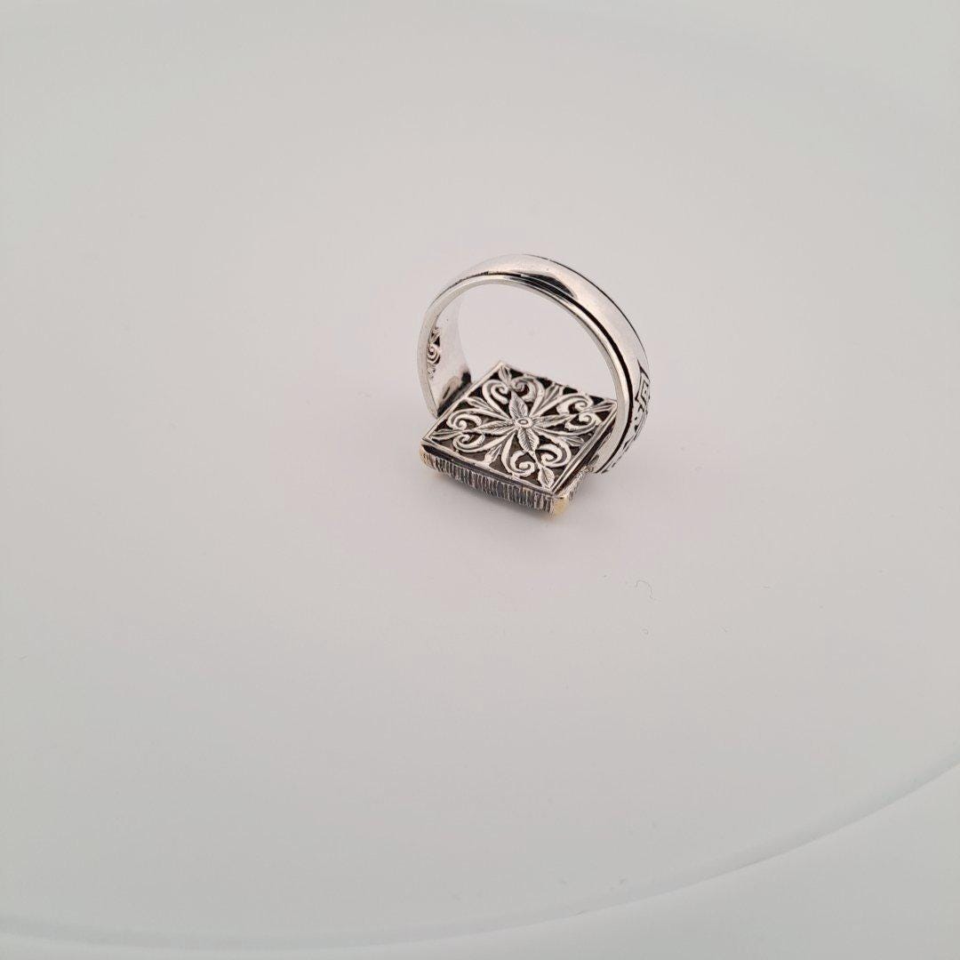 Byzantine Statement Ring – Two Tone Gold Silver Ornate Square Band