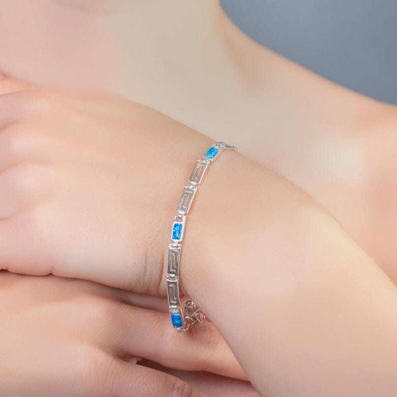 Greek Key Blue Opal Silver Bracelet, Meander Design