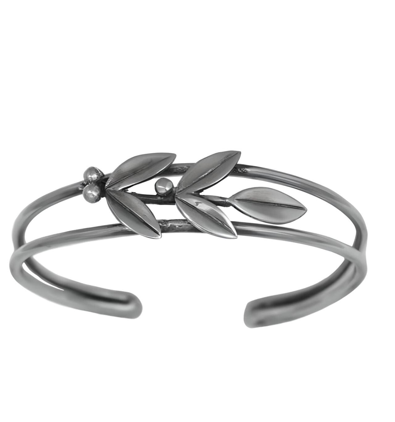 Silver Olive Leaf Bracelet: Greek Inspired Dual-Band Cuff
