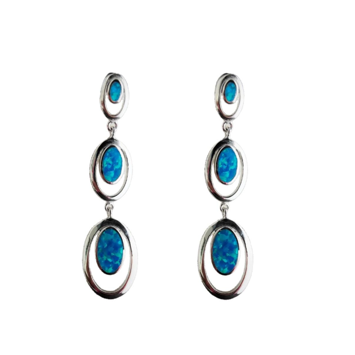 Dainty Blue Opal Teardrop Earrings: Handcrafted 925 Silver Greek Style