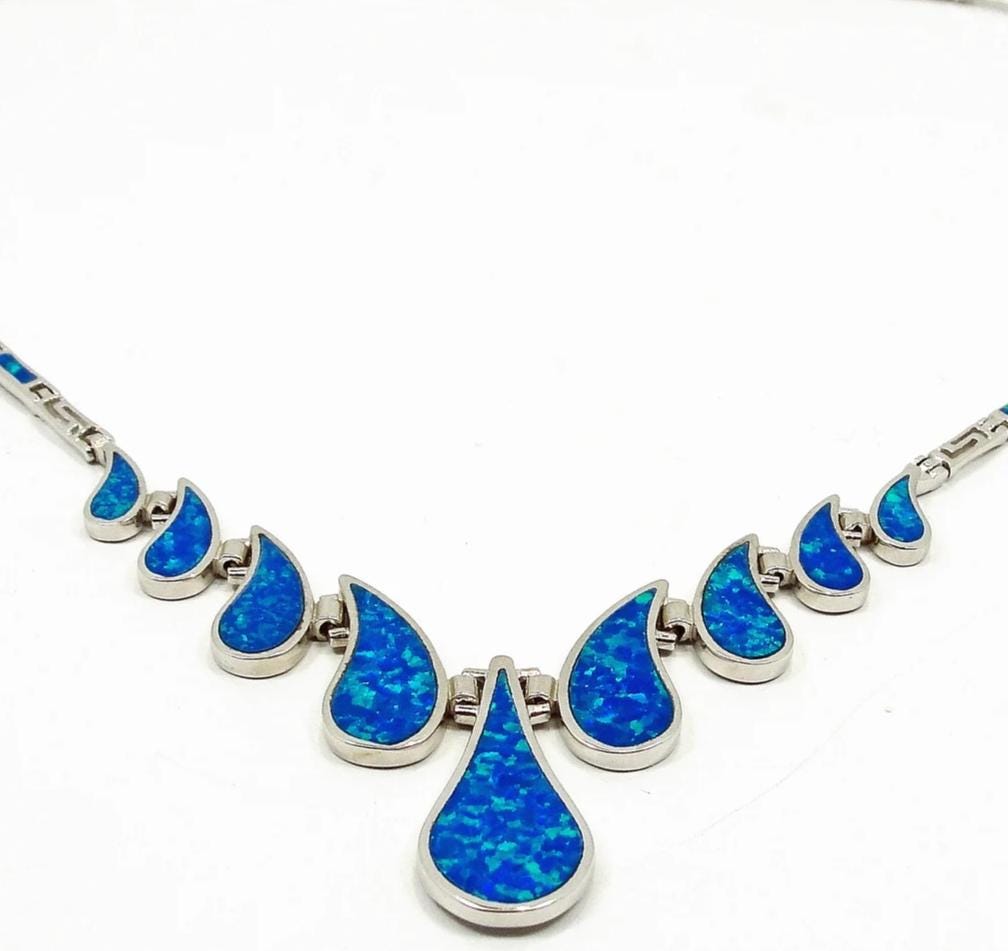 Blue Opal Teardrop Necklace, Sterling Silver, Meander Design