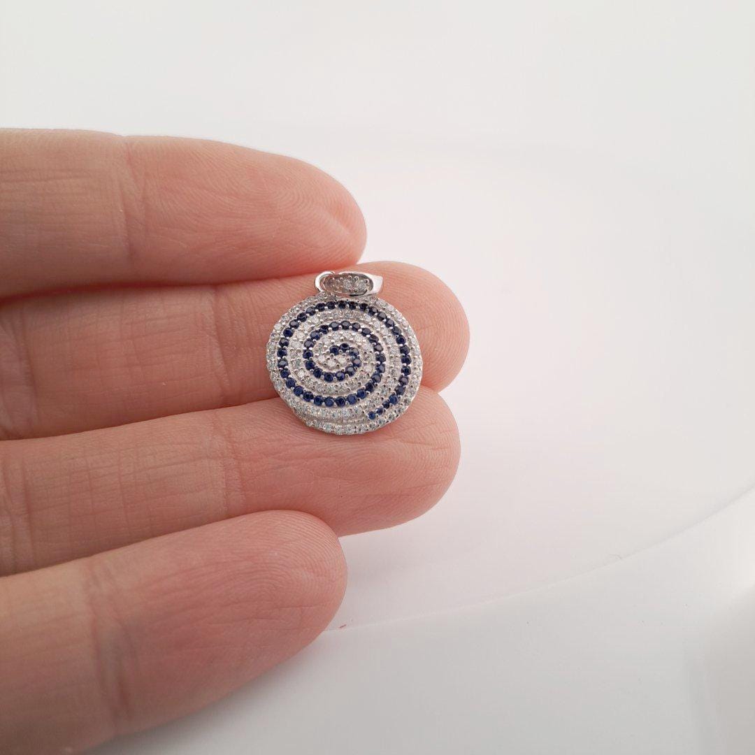 Silver Spiral Pendant | Greek Key Necklace With Blue Zirconia Stones