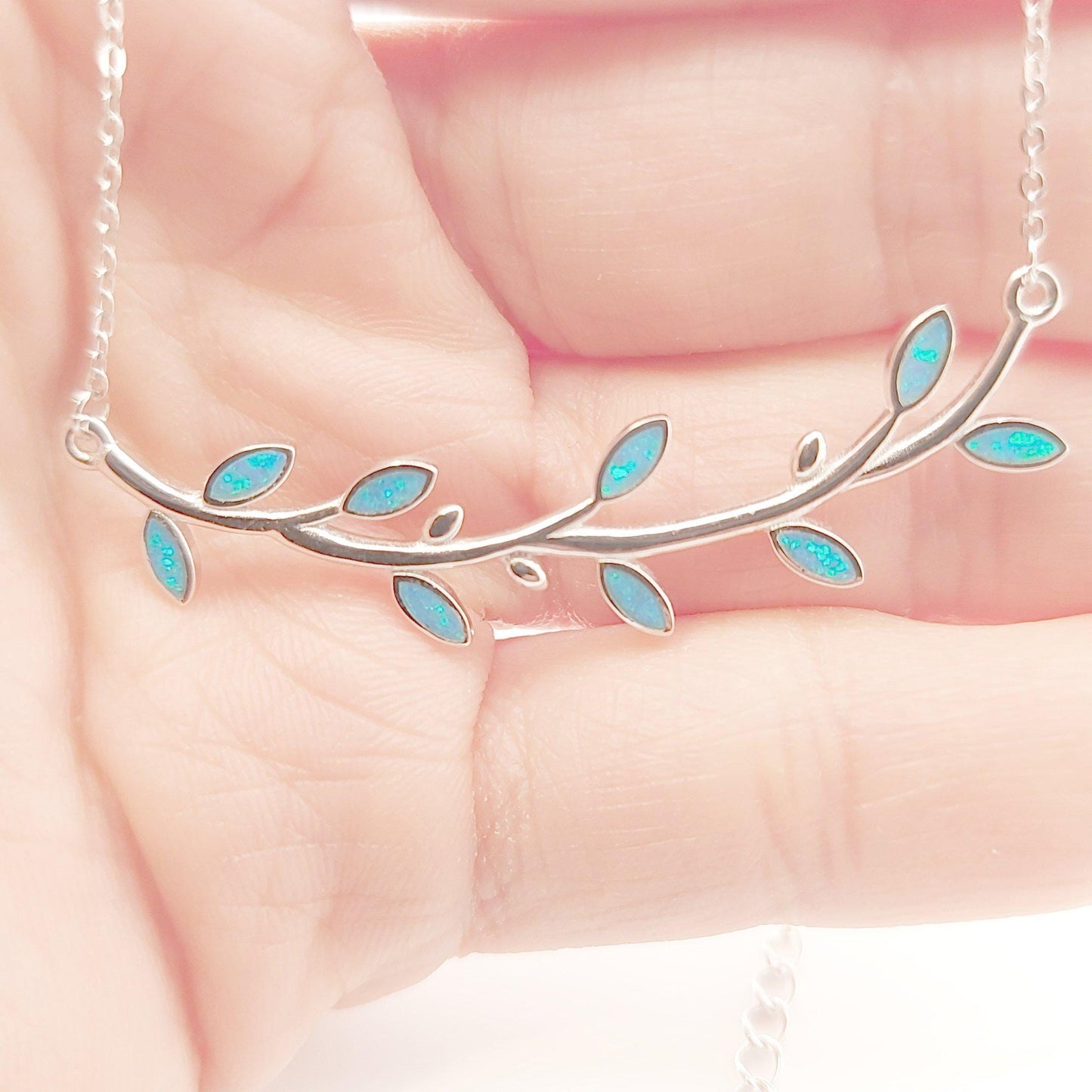 Silver Blue Opal Olive Branch Leaf Pendant Necklace, Greek Mythology Inspired Design