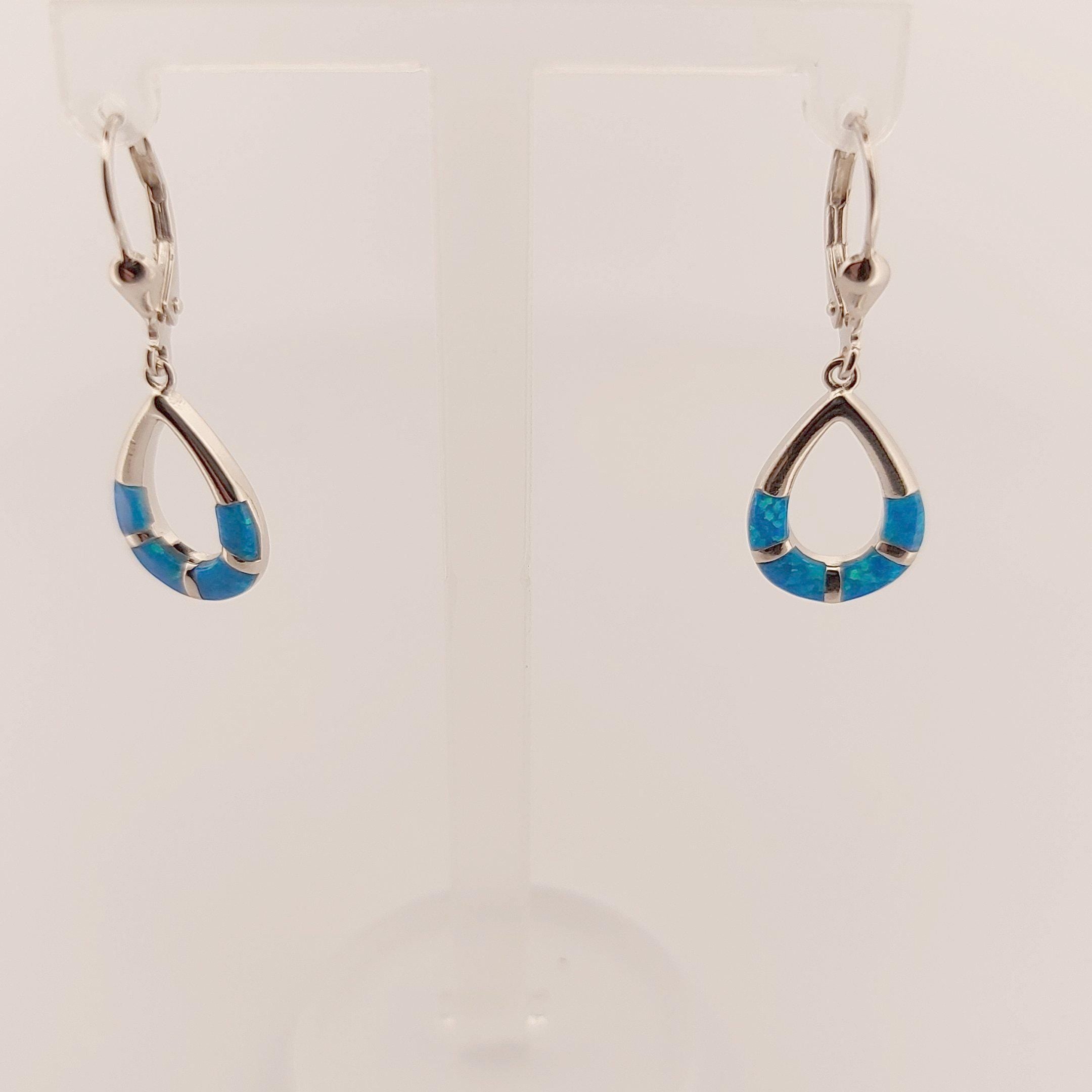 Blue Opal Sterling Silver Drop Earrings: Greek Style Dangle