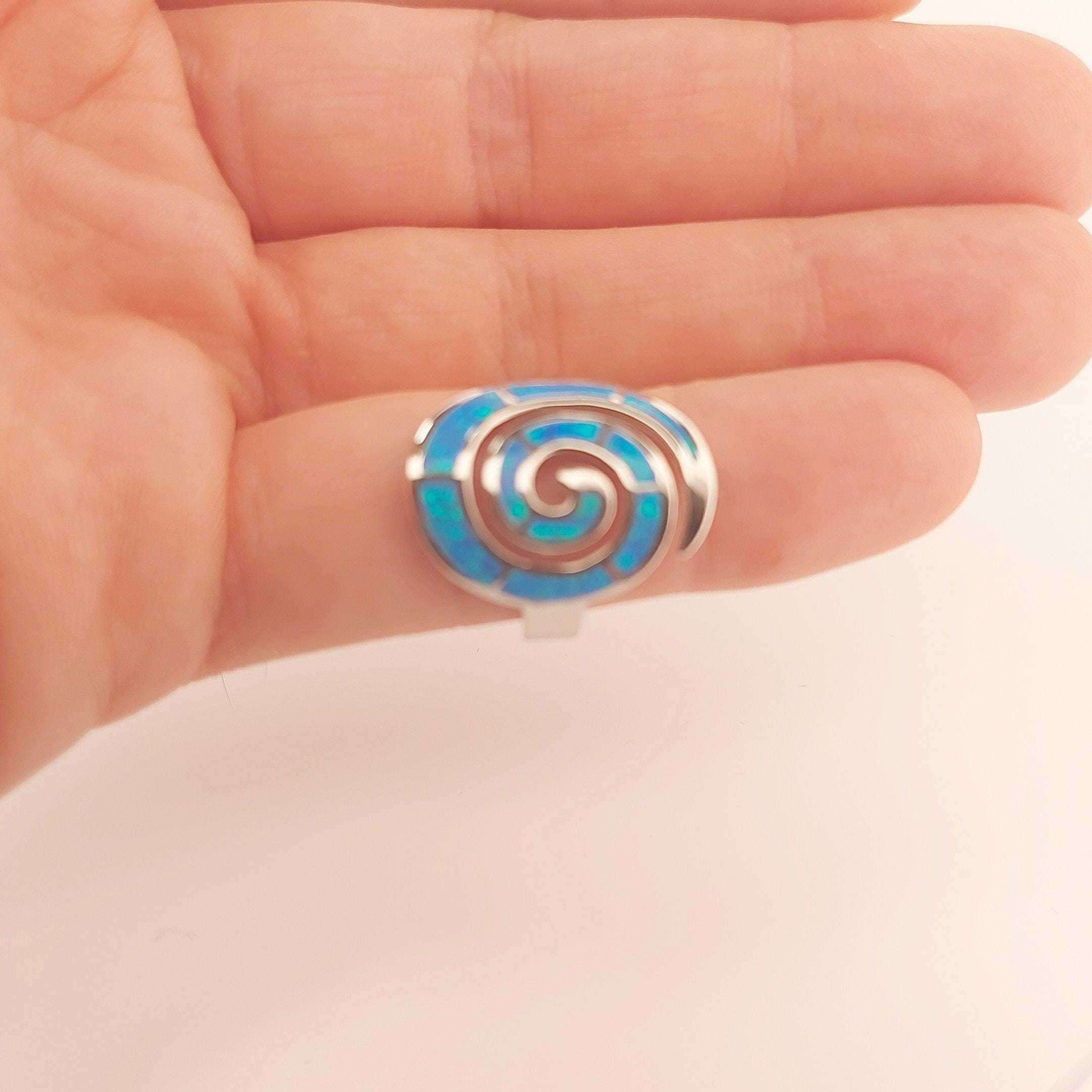 Blue Opal Silver Ring, Greek Key Spiral Design, Statement Ring