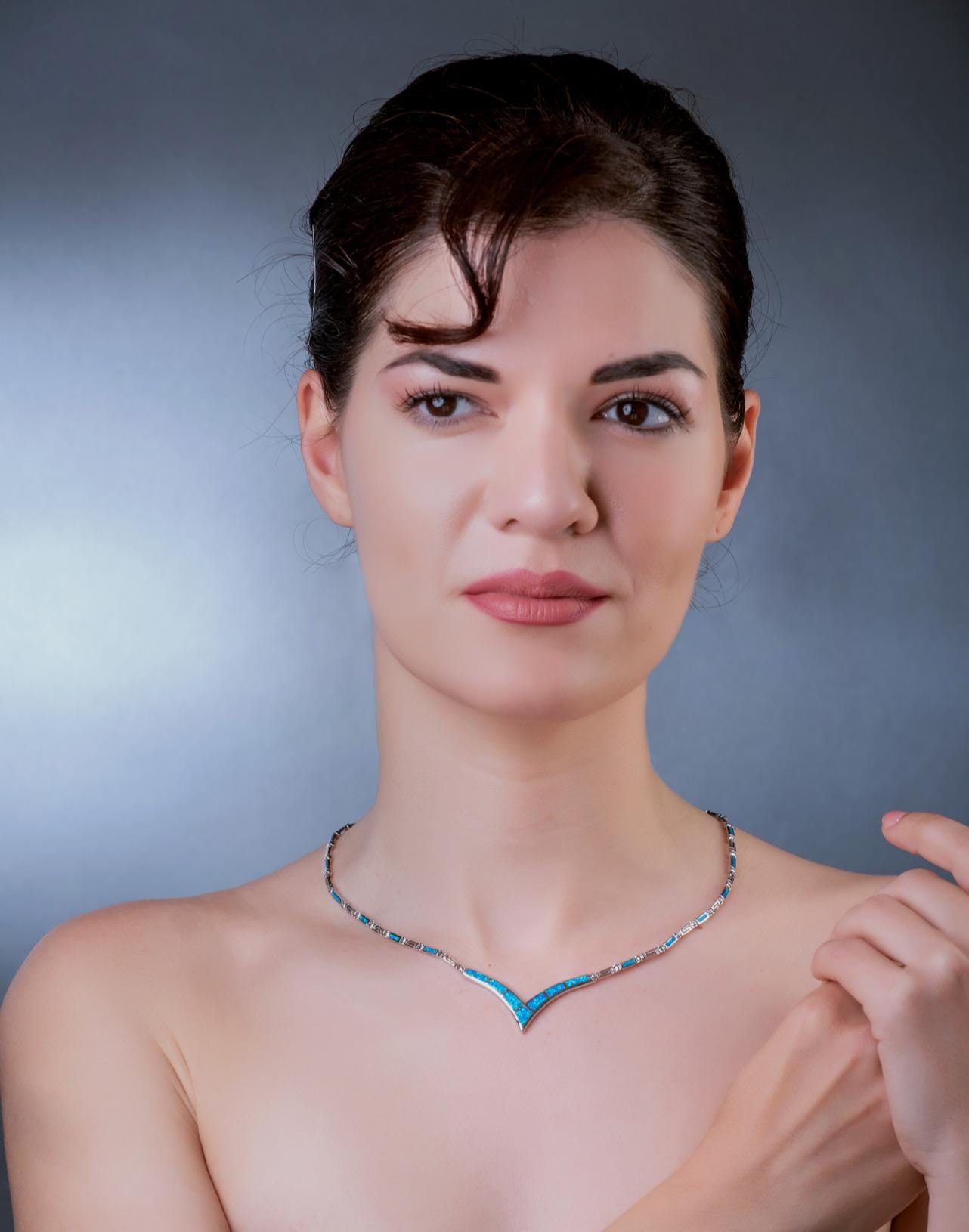 Sterling Silver 925 Blue Opal Necklace with Greek Key Meander Design