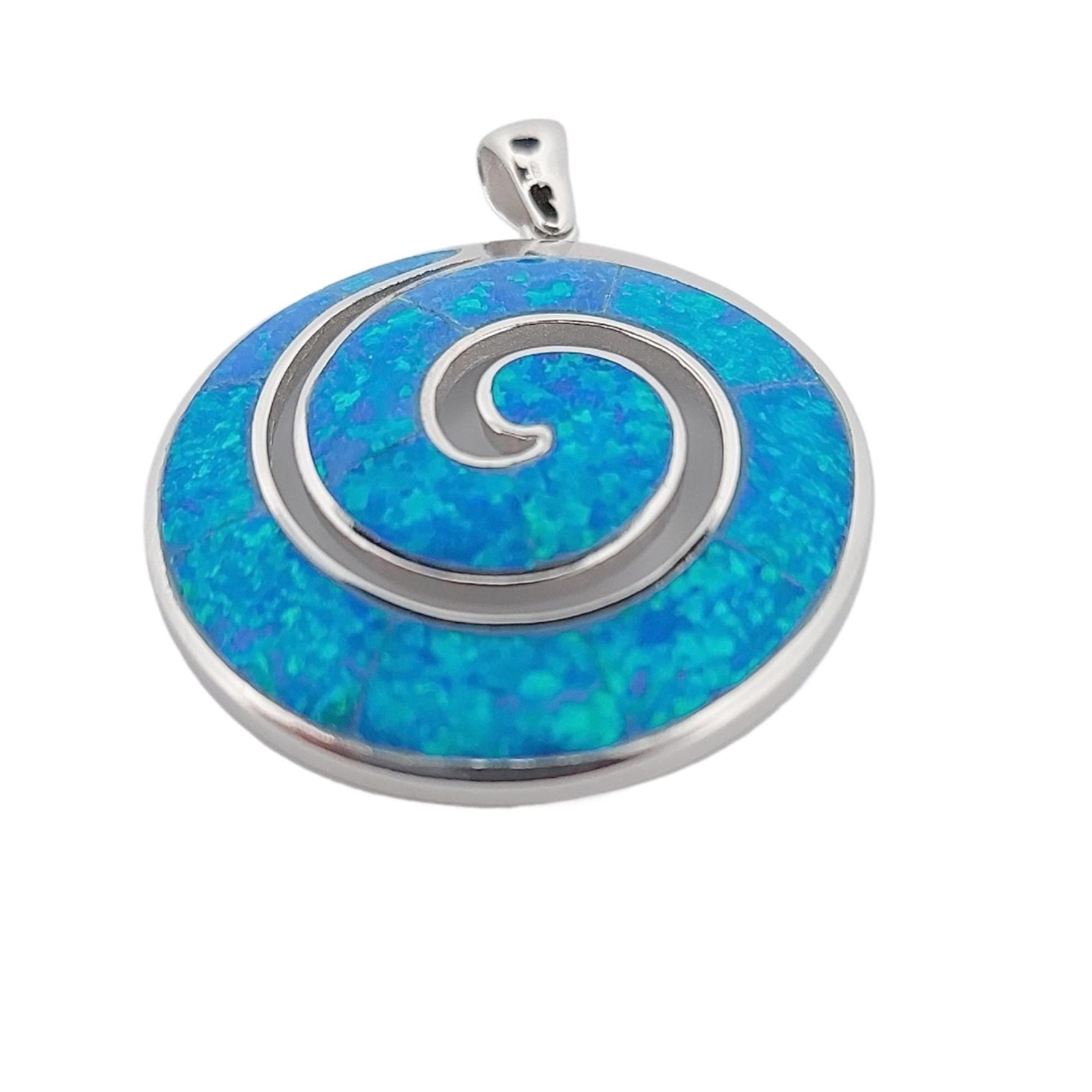 Blue Opal Sterling Silver Pendant: Greek Key Spiral Design