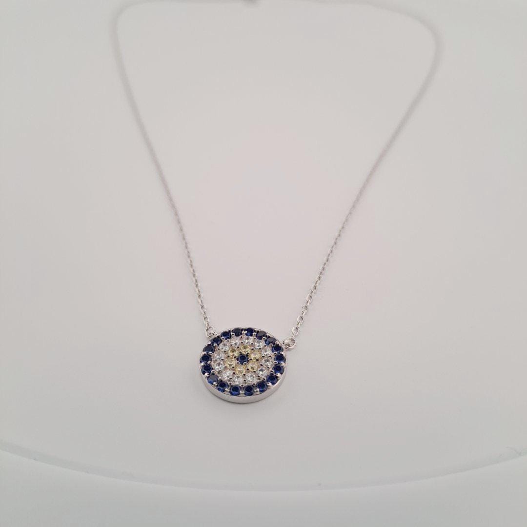 Evil Eye Pendant Necklace – Silver Round Blue Zirconia Protection Charm