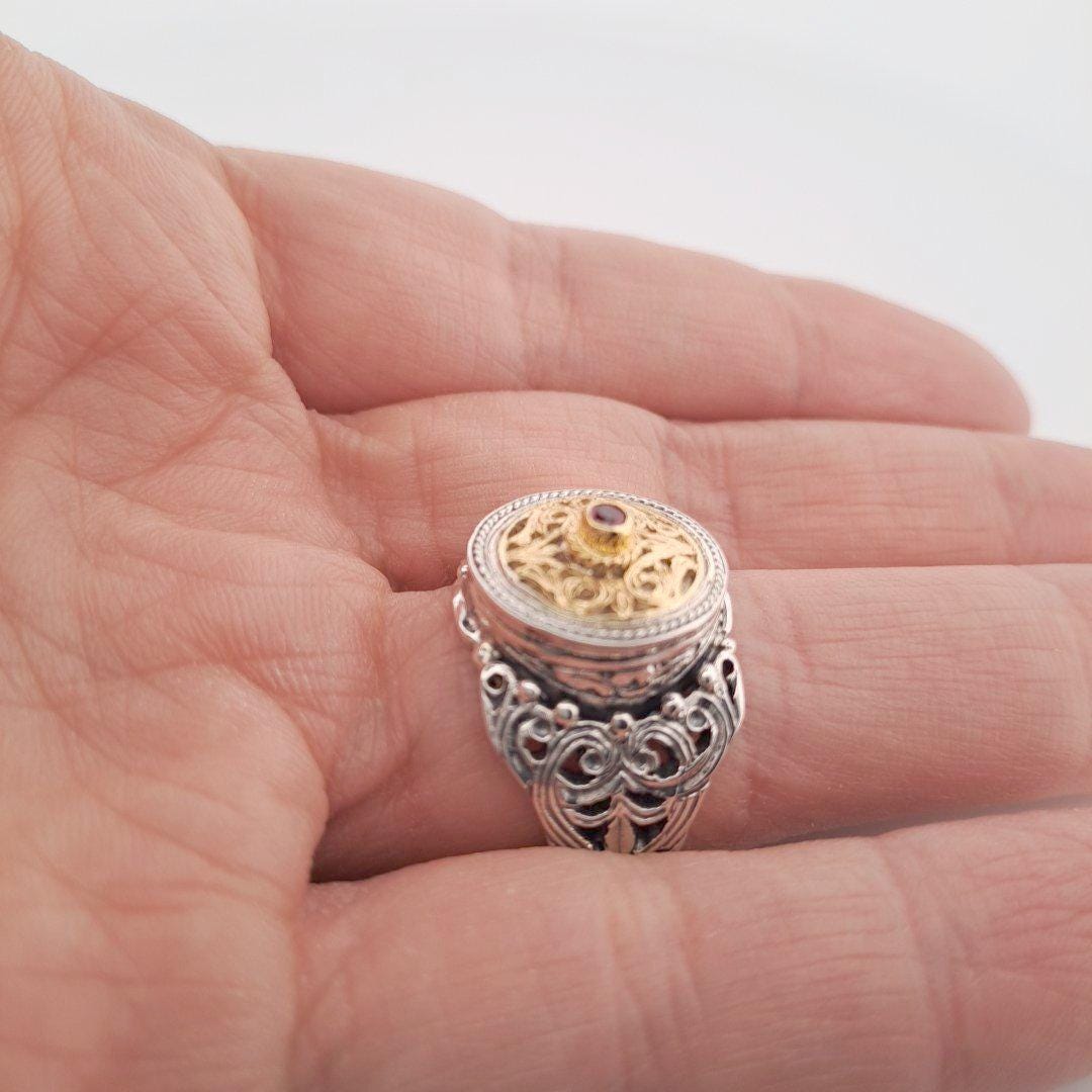 Byzantine Ruby Ring – Gold Plated Sterling Silver Band With Medieval Filigree