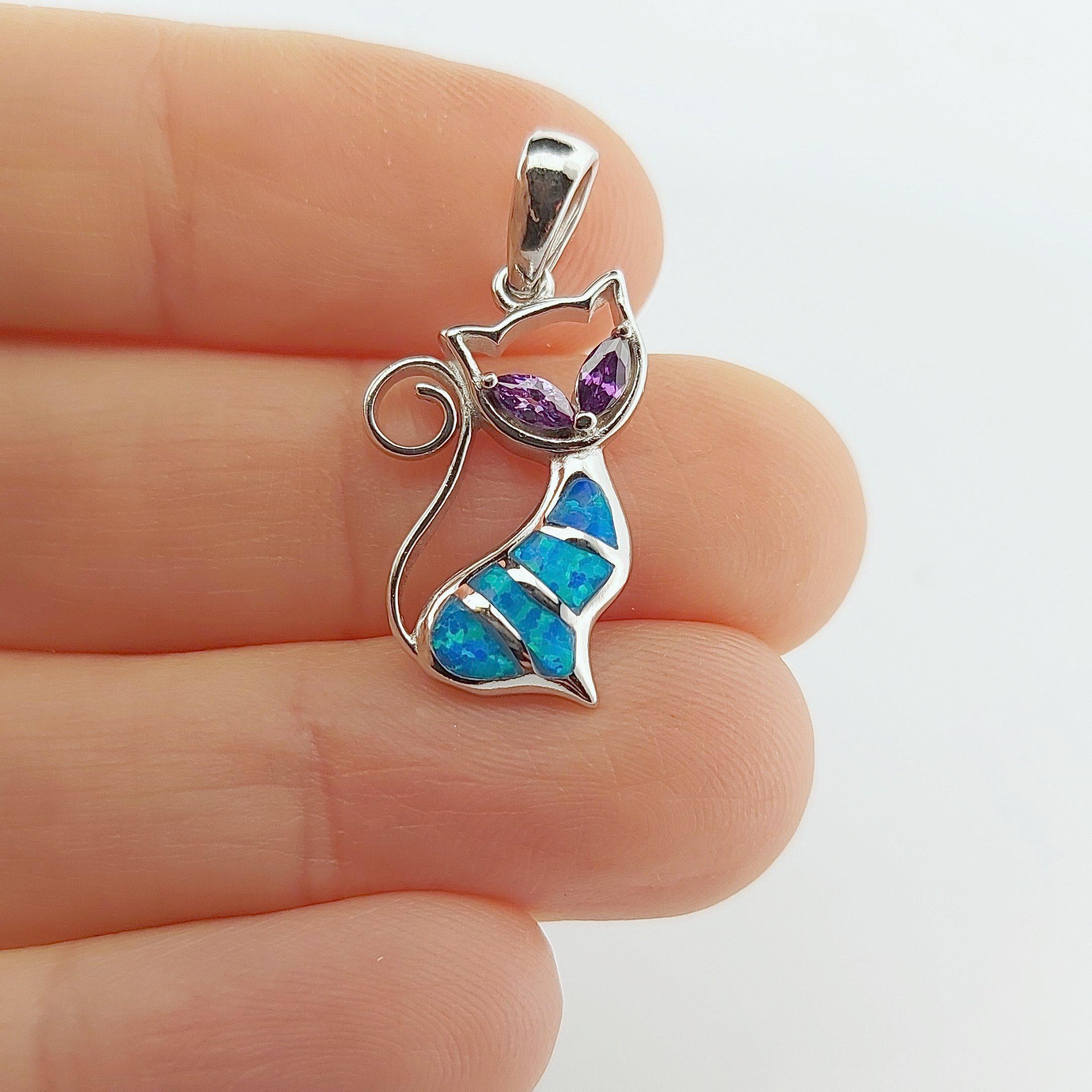 Sterling Silver 925 Cat Pendant, Blue and Purple Opal Inlay