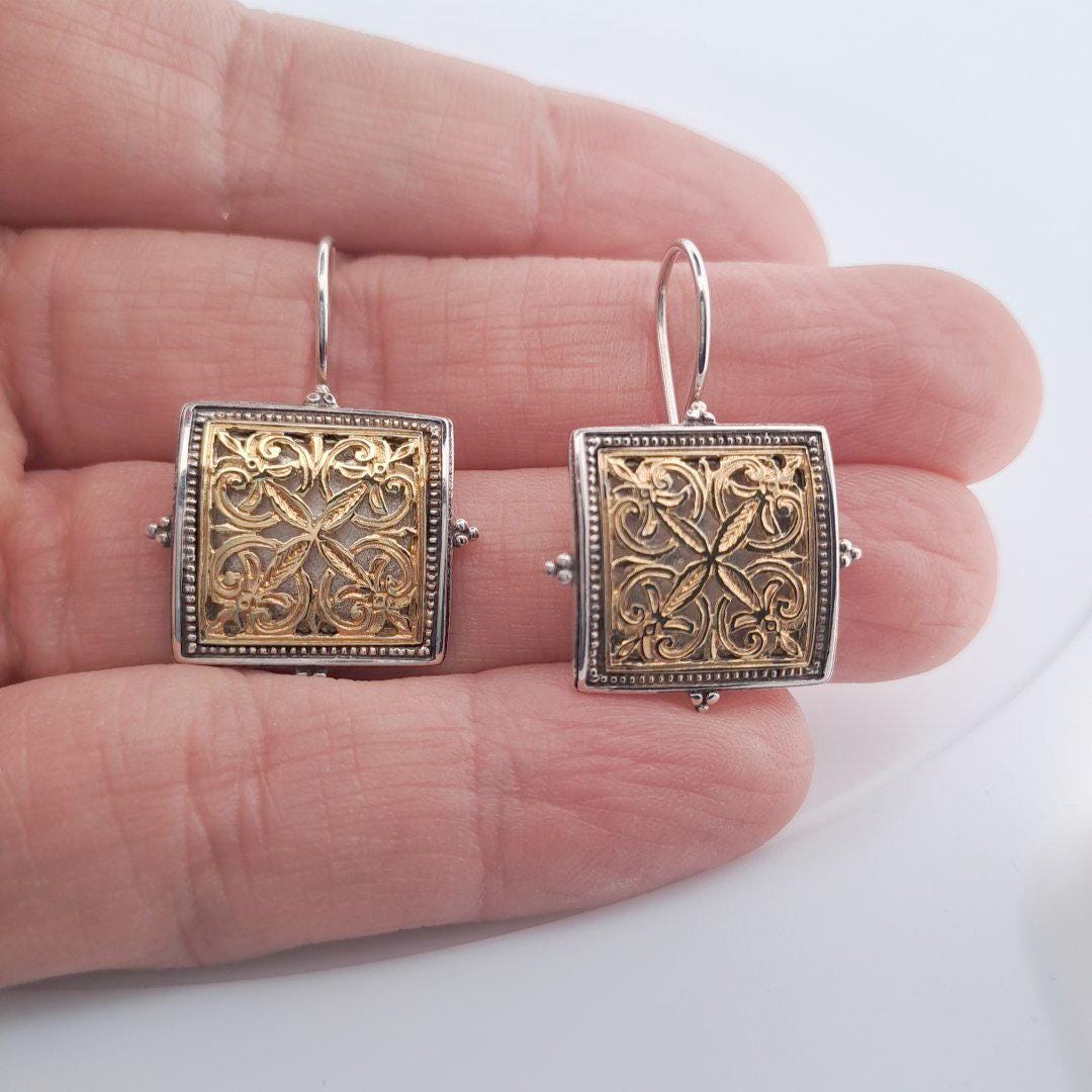 Square Filigree Earrings – Two Tone Earrings | Byzantine Inspired Jewelry
