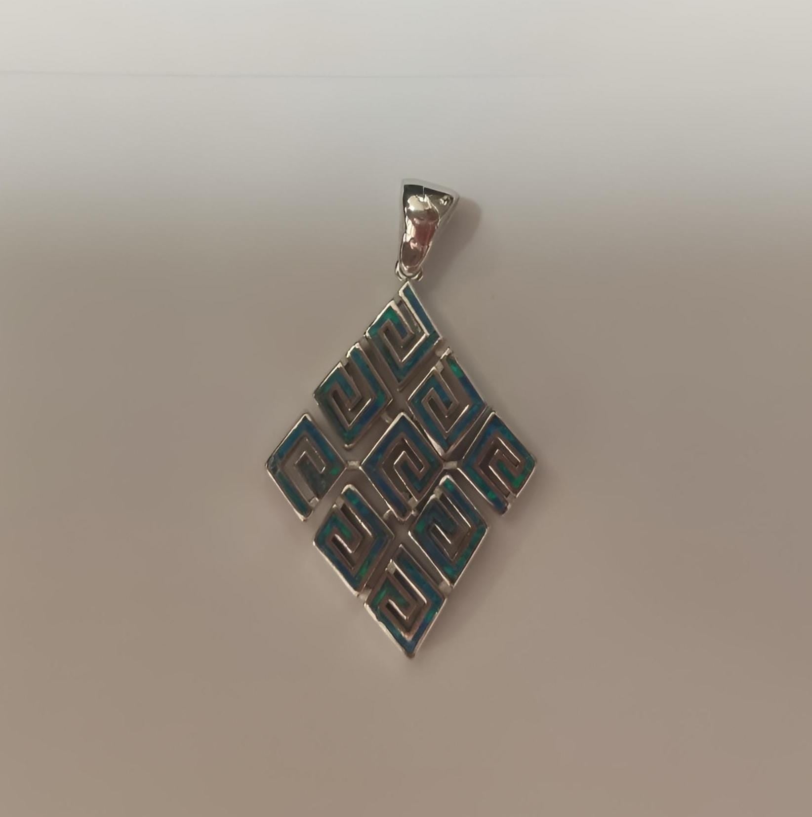 Blue Opal Greek Key Pendant: Sterling Silver Rhombus Charm