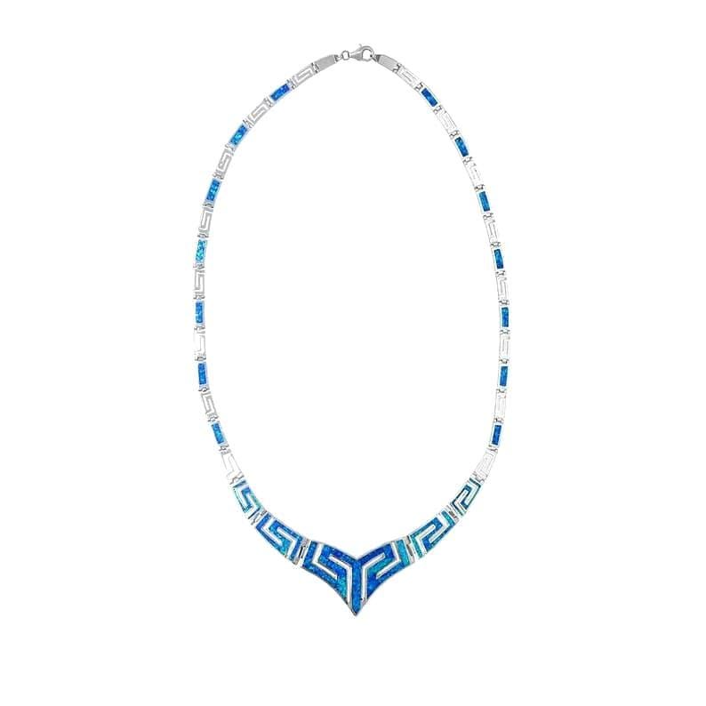 Sterling Silver Blue Opal Necklace, Greek Key V-Shape Meander Design